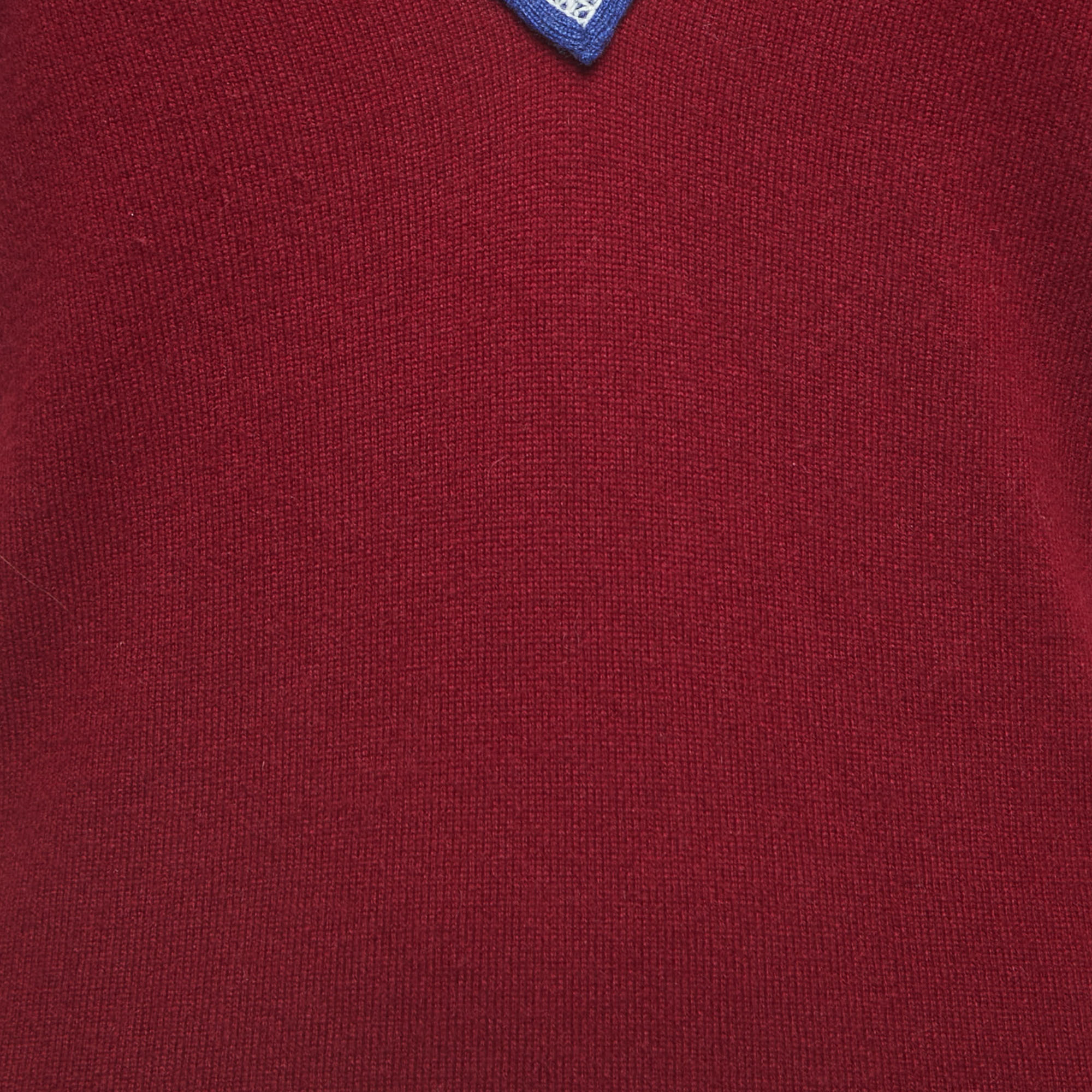 Chanel Sports Ivory/Burgundy Cashmere V-Neck Sweater S
