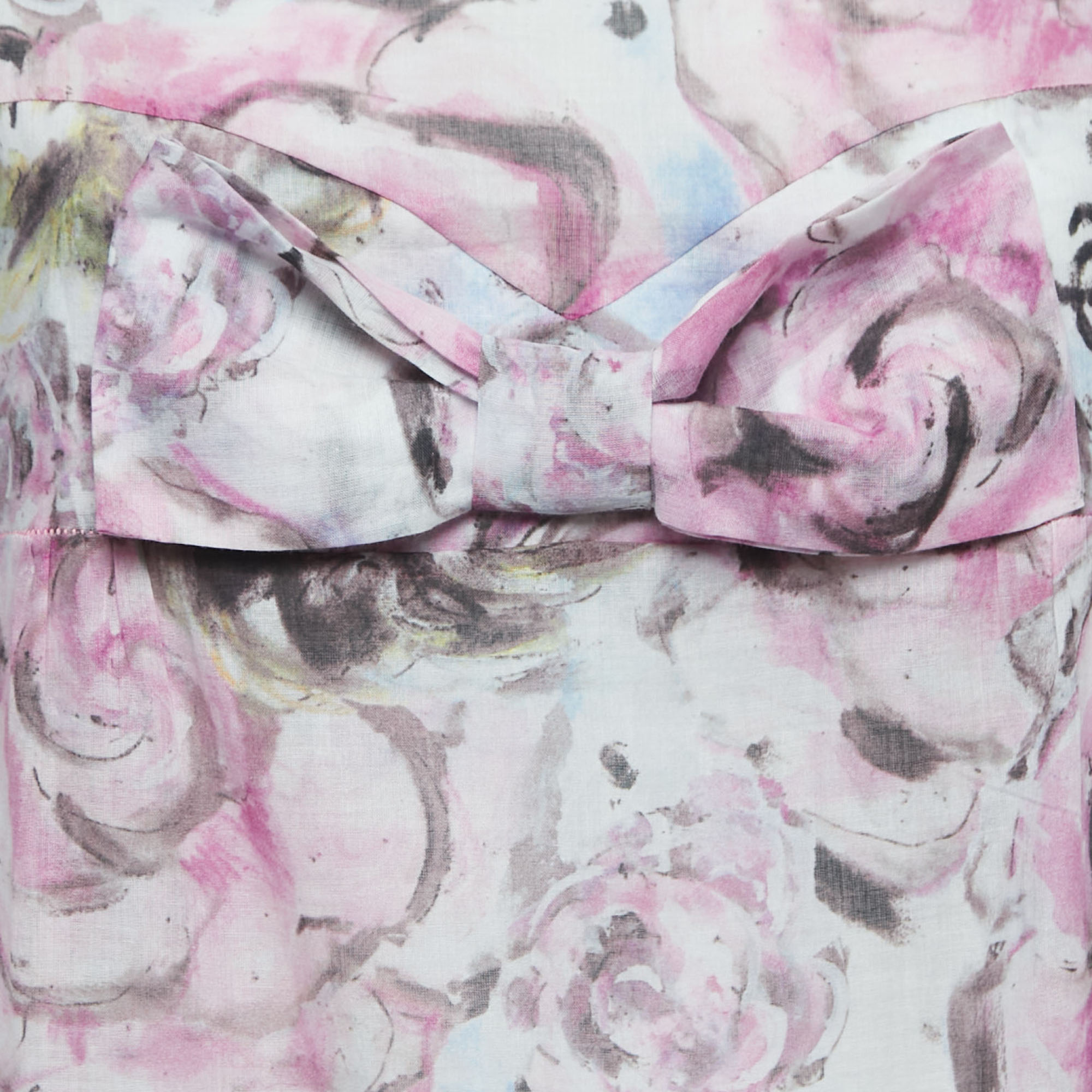 Chanel Pink Camelia Print Cotton Bow-Detail Dress S