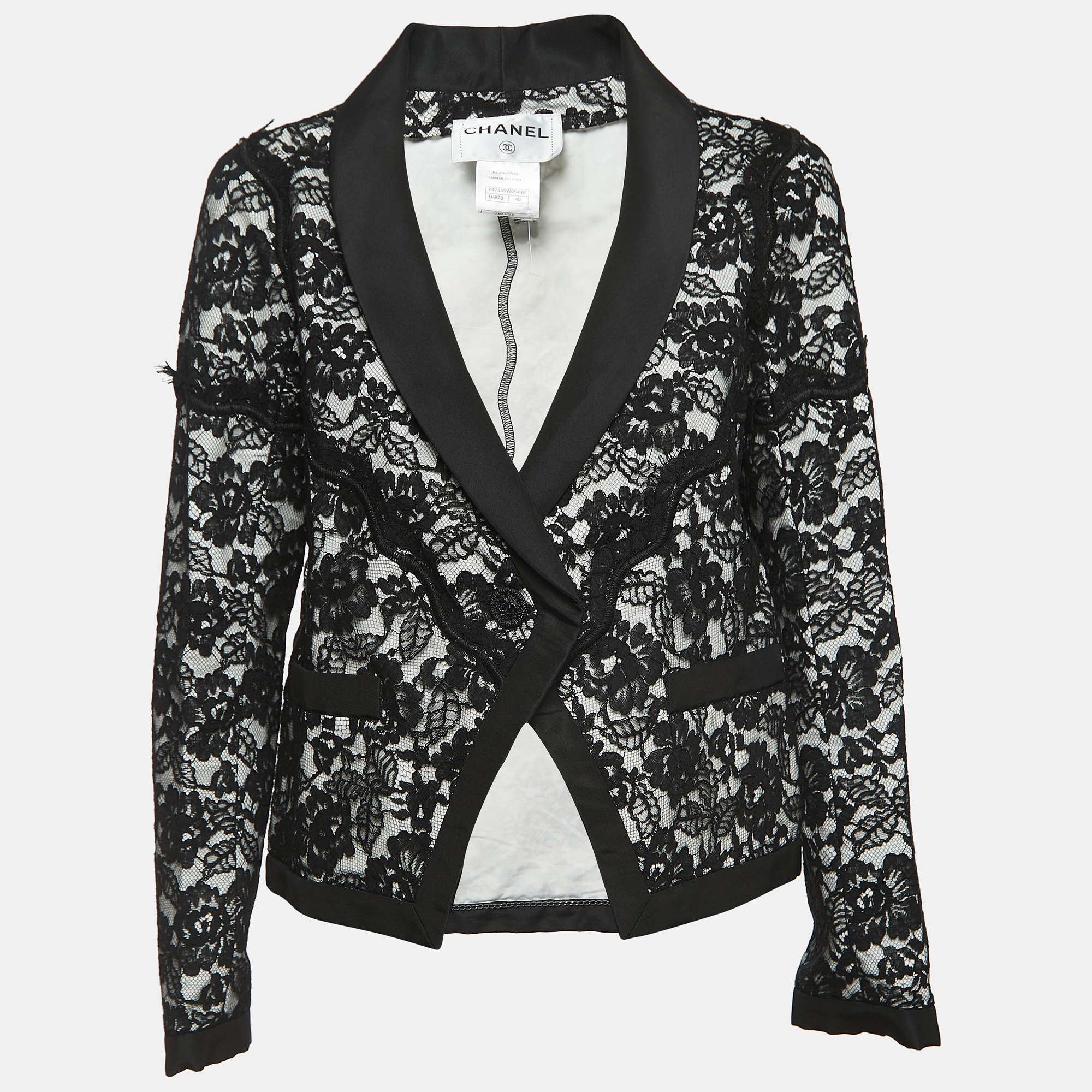Chanel black/white floral lace single button blazer l