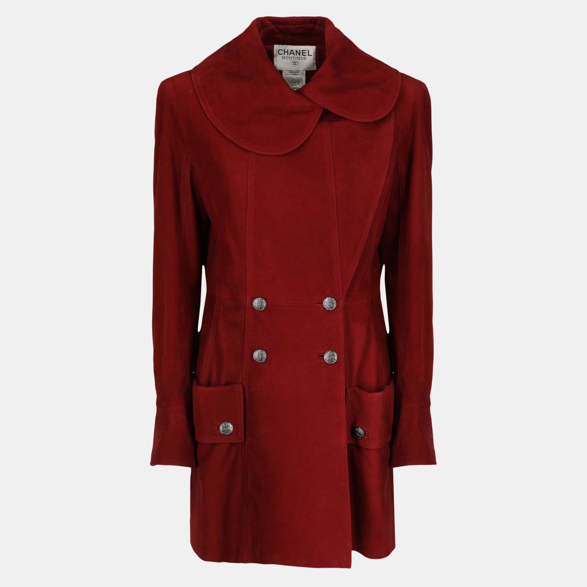 Chanel  Women's Leather Double Breasted Coat - Burgundy - L