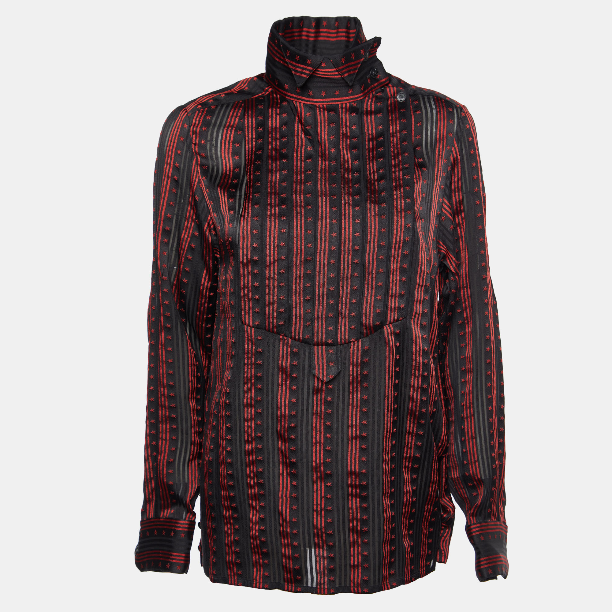 Chanel Black/Red Star Striped Silk Pleated Sheer Shirt L