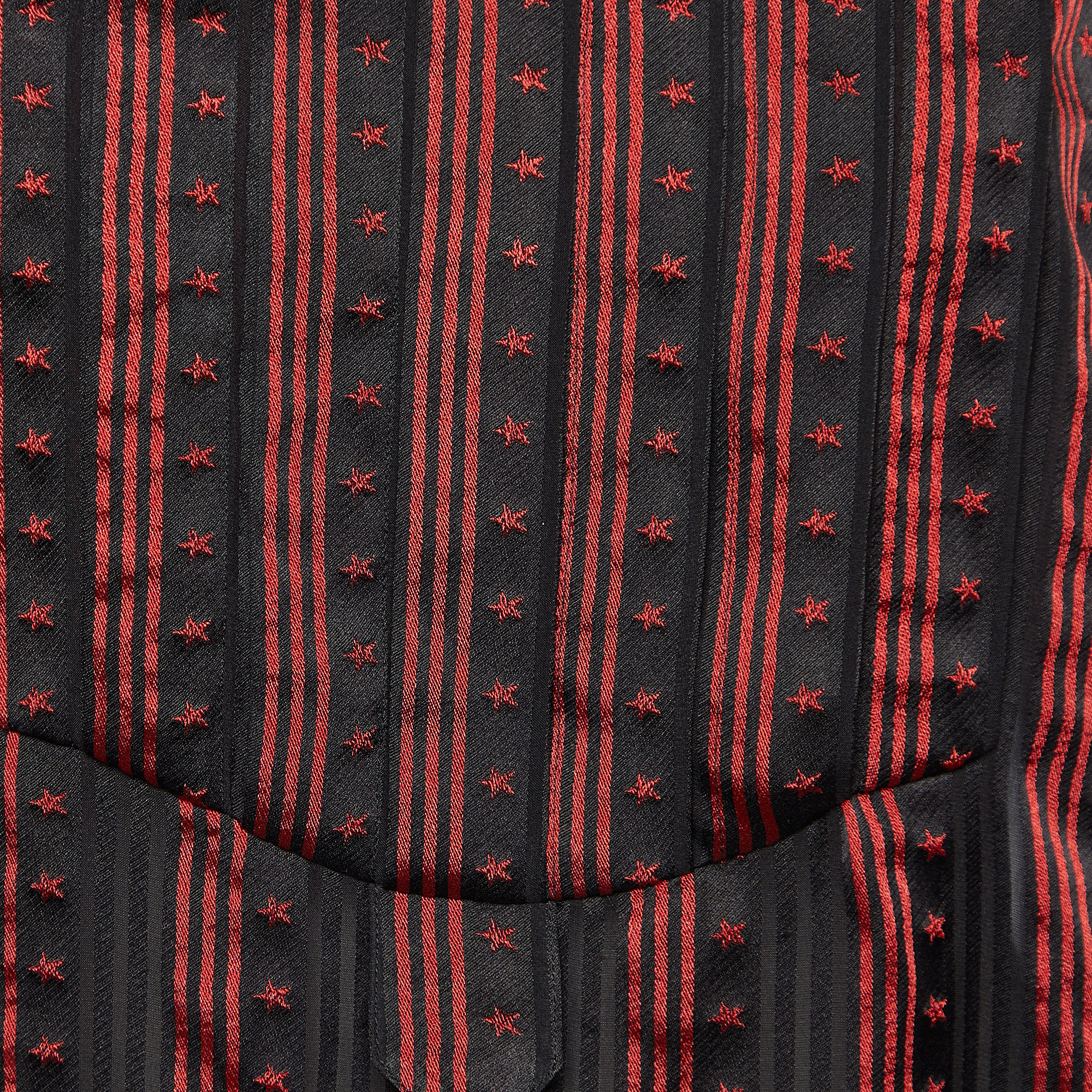 Chanel Black/Red Star Striped Silk Pleated Sheer Shirt L
