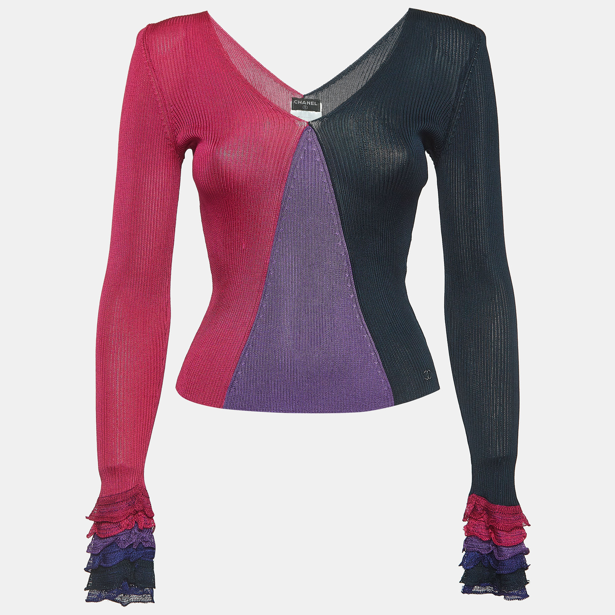 Chanel Multicolor Knit V-Neck Long Sleeve Top S