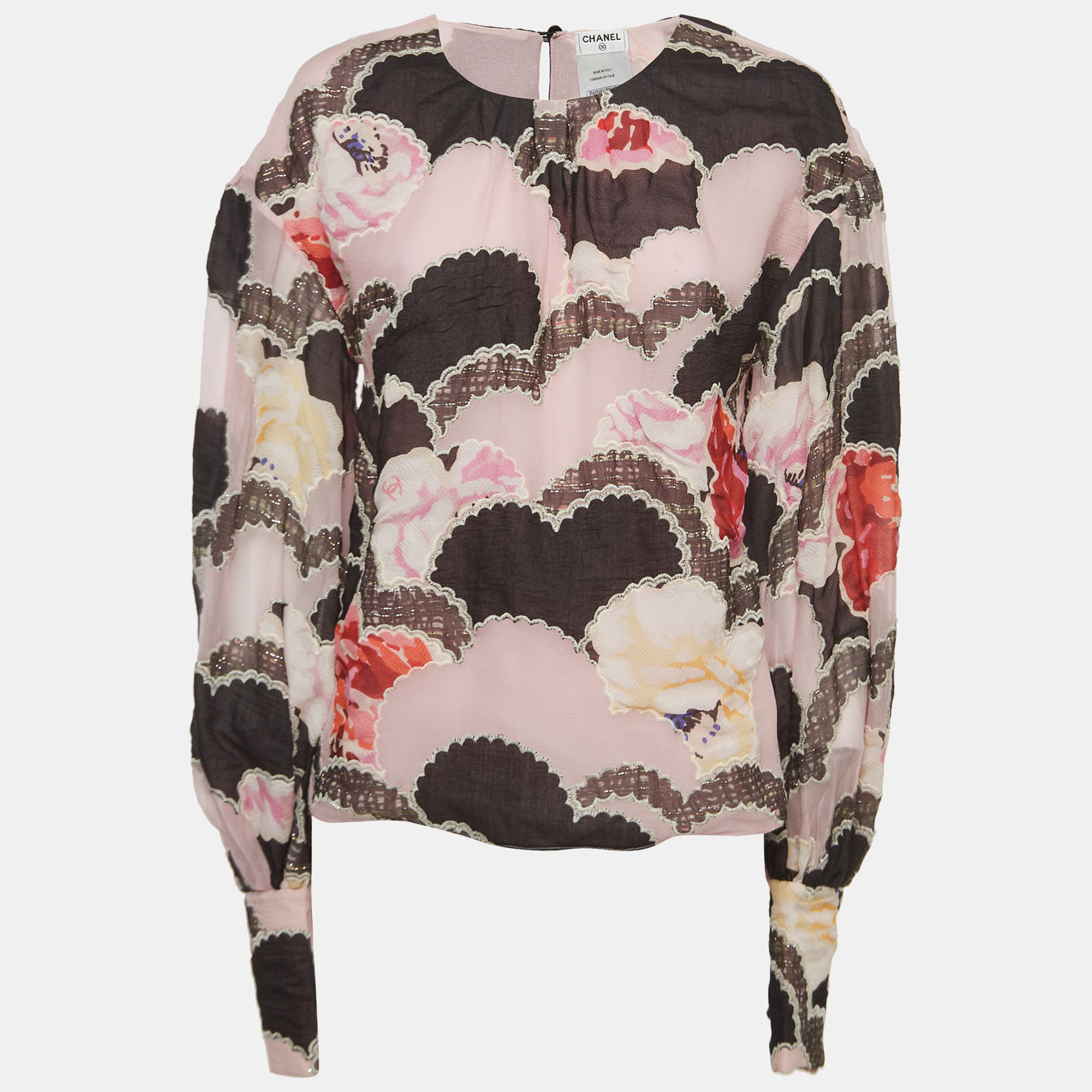 Chanel Multicolor Embroidered Silk Long Sleeve Blouse M