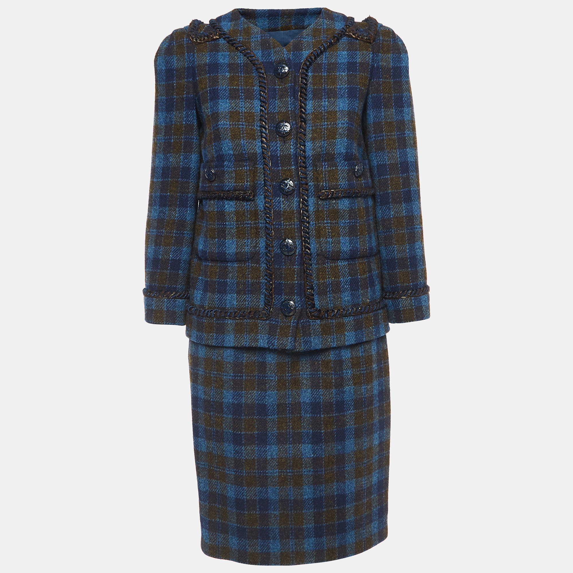 Chanel Blue/Brown Checked Wool Jacket & Skirt Set S