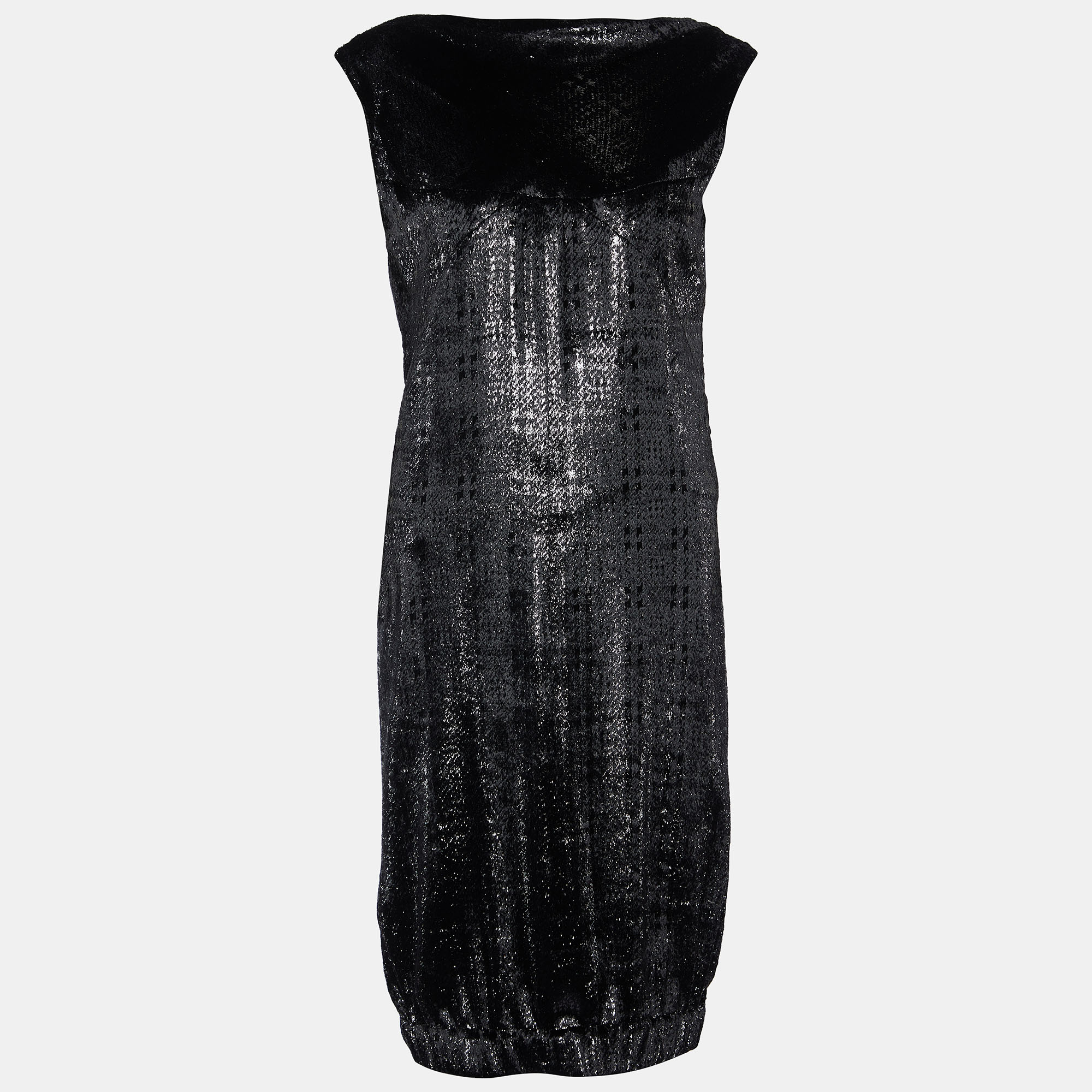 Chanel metallic black bristled  velvet sleeveless elasticated hem dress l