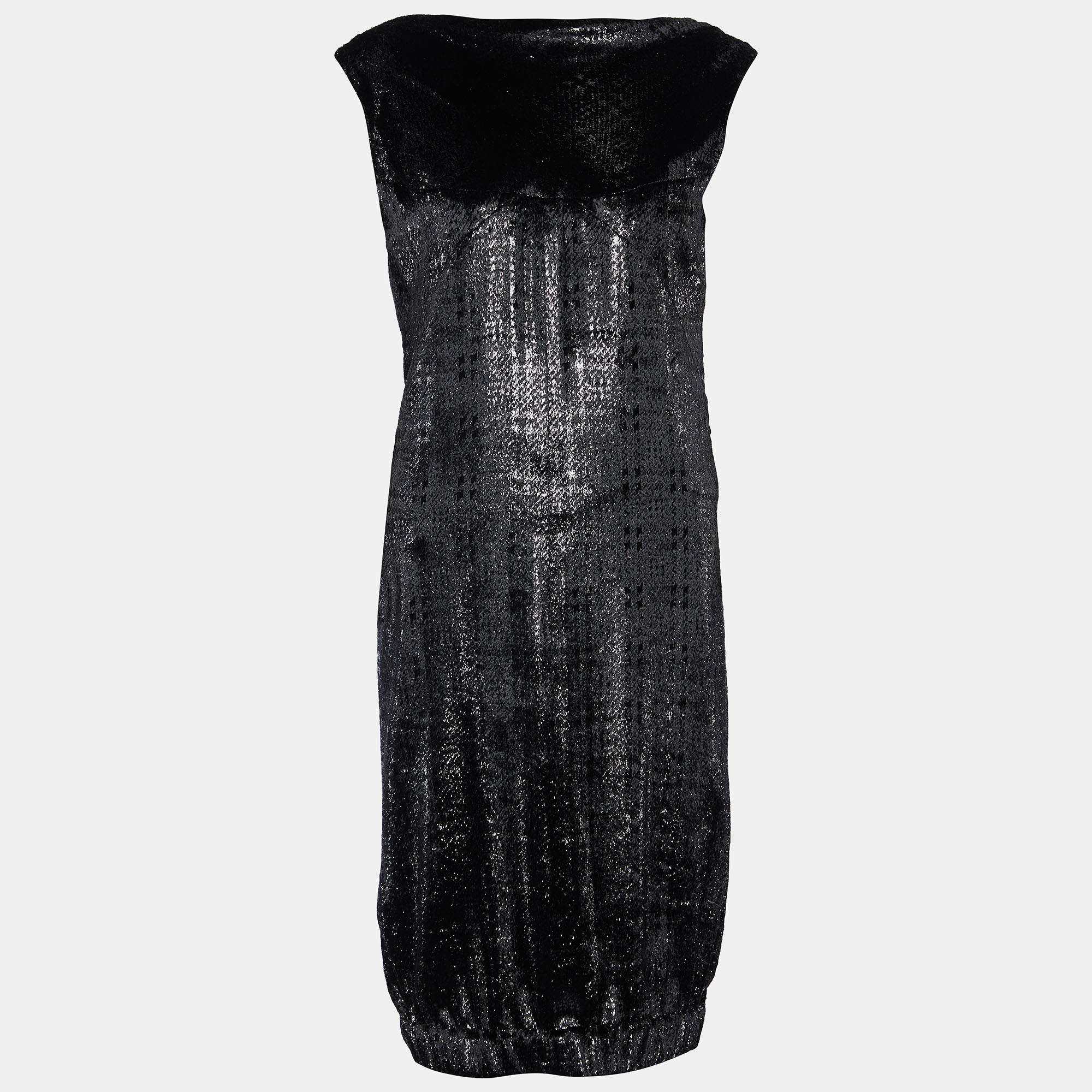 Chanel Metallic Black Bristled  Velvet Sleeveless Elasticated Hem Dress L