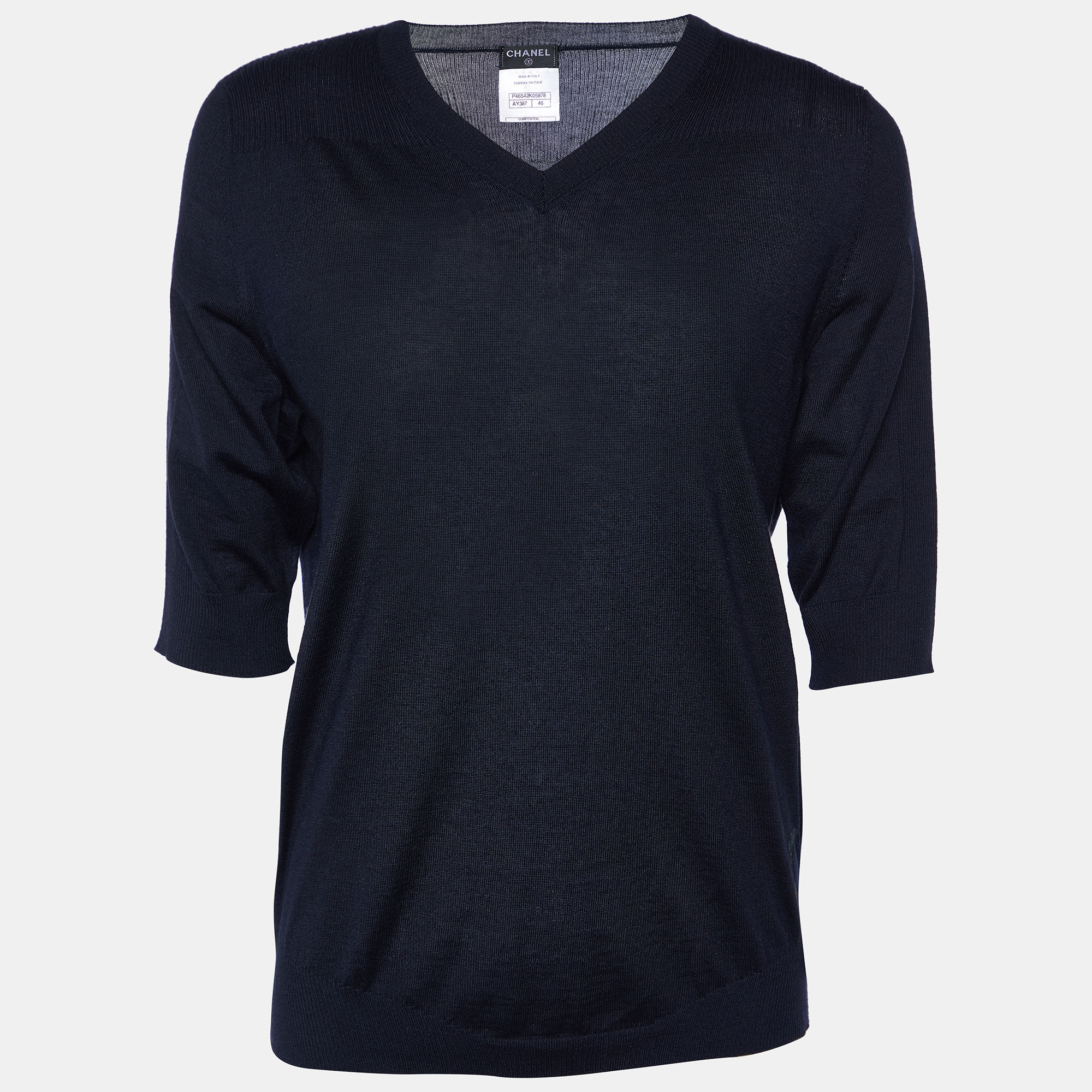 Chanel Dark Blue Cashmere & Silk Knit V-Neck Sweater XL
