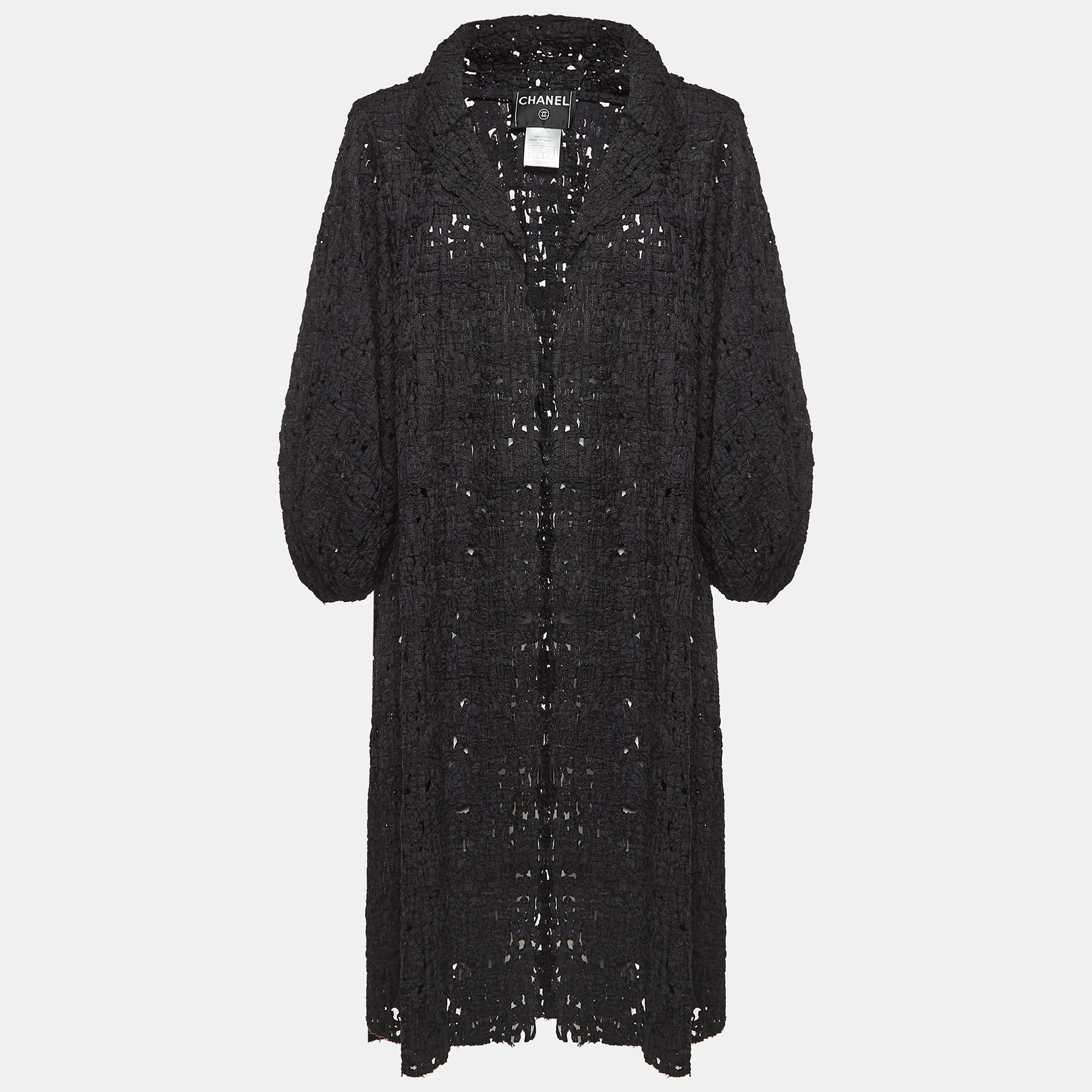 Chanel Black Silk Crochet Pattern Long Coat M
