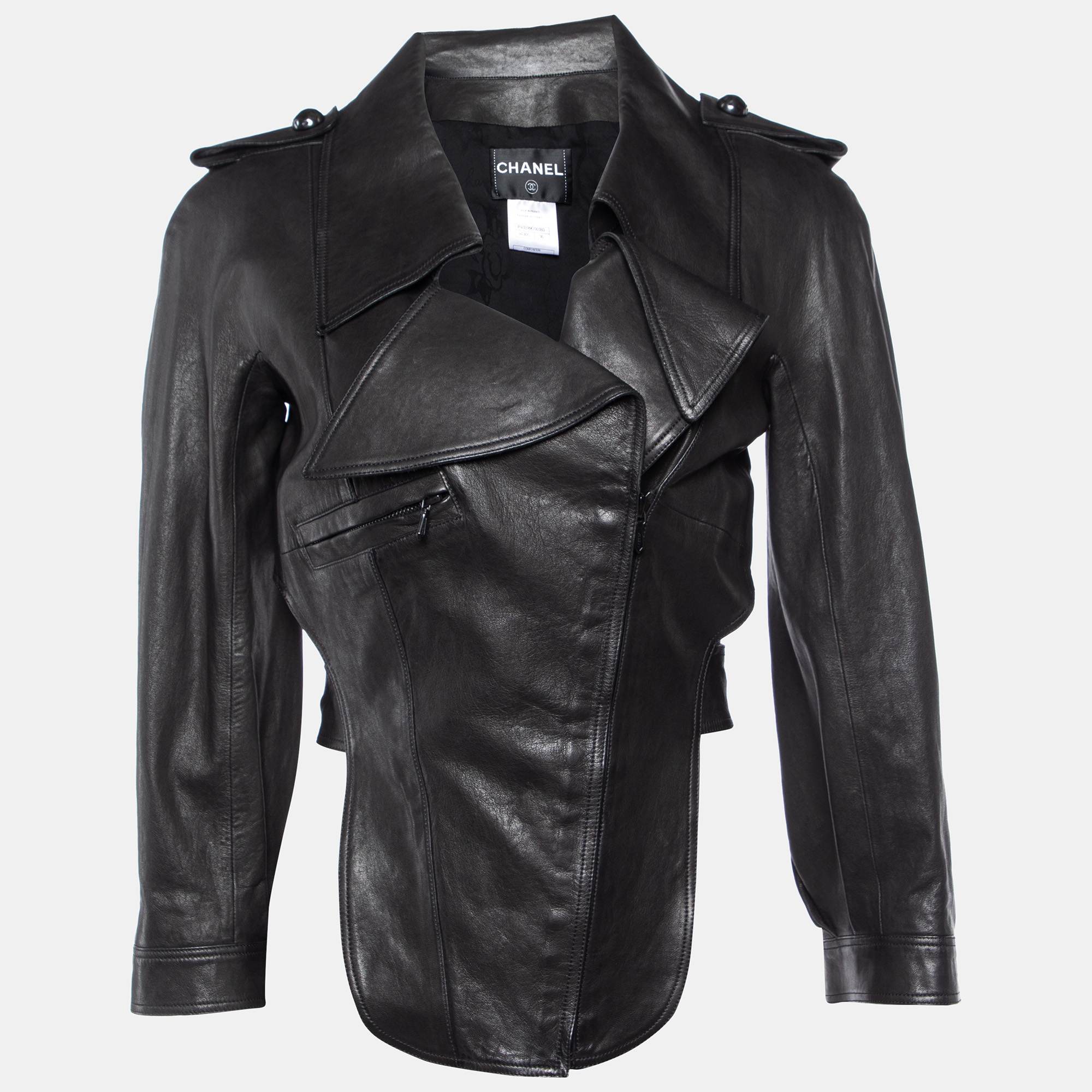 Chanel Black Leather Asymmetric Cropped Jacket S