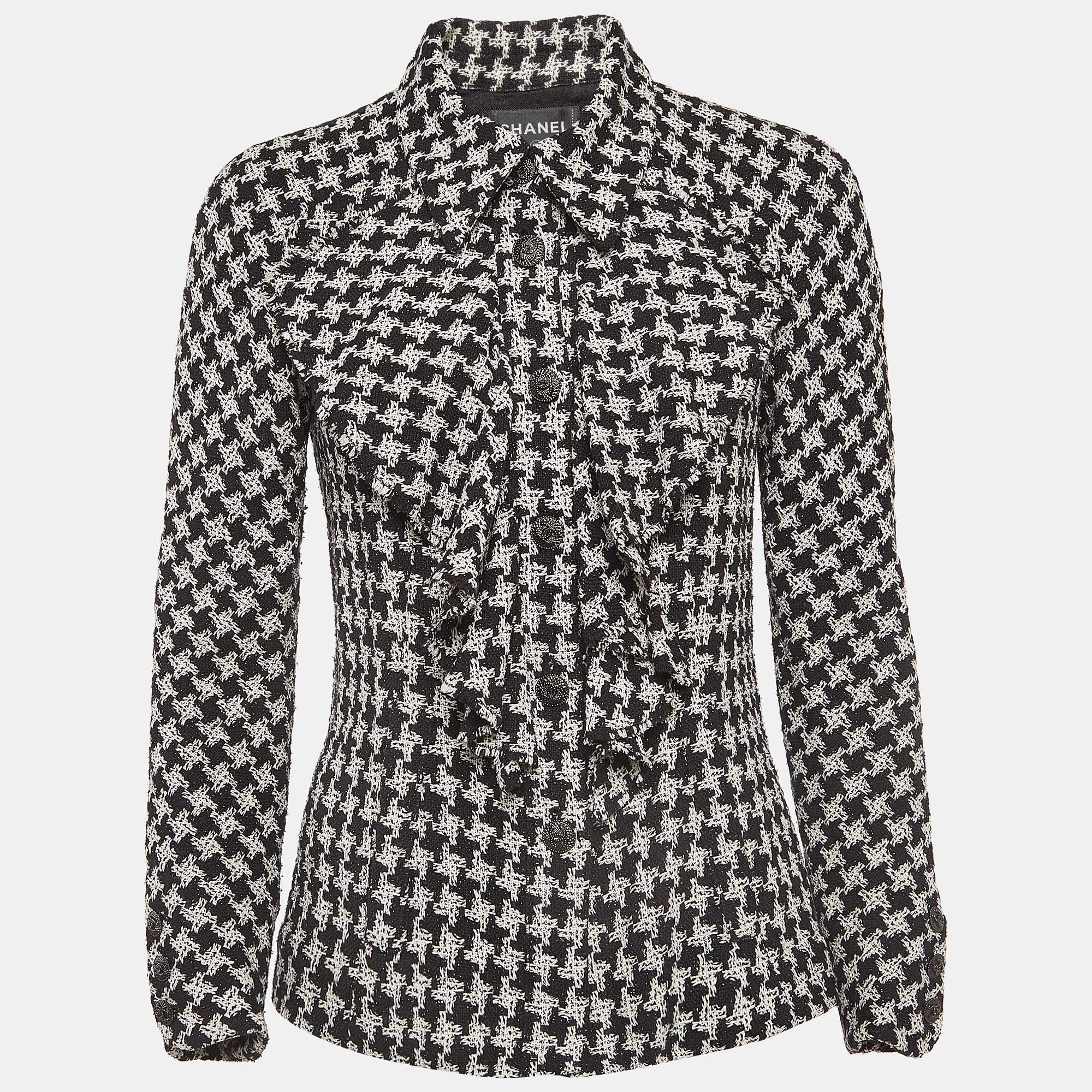 Chanel monochrome houndstooth tweed ruffled jacket m