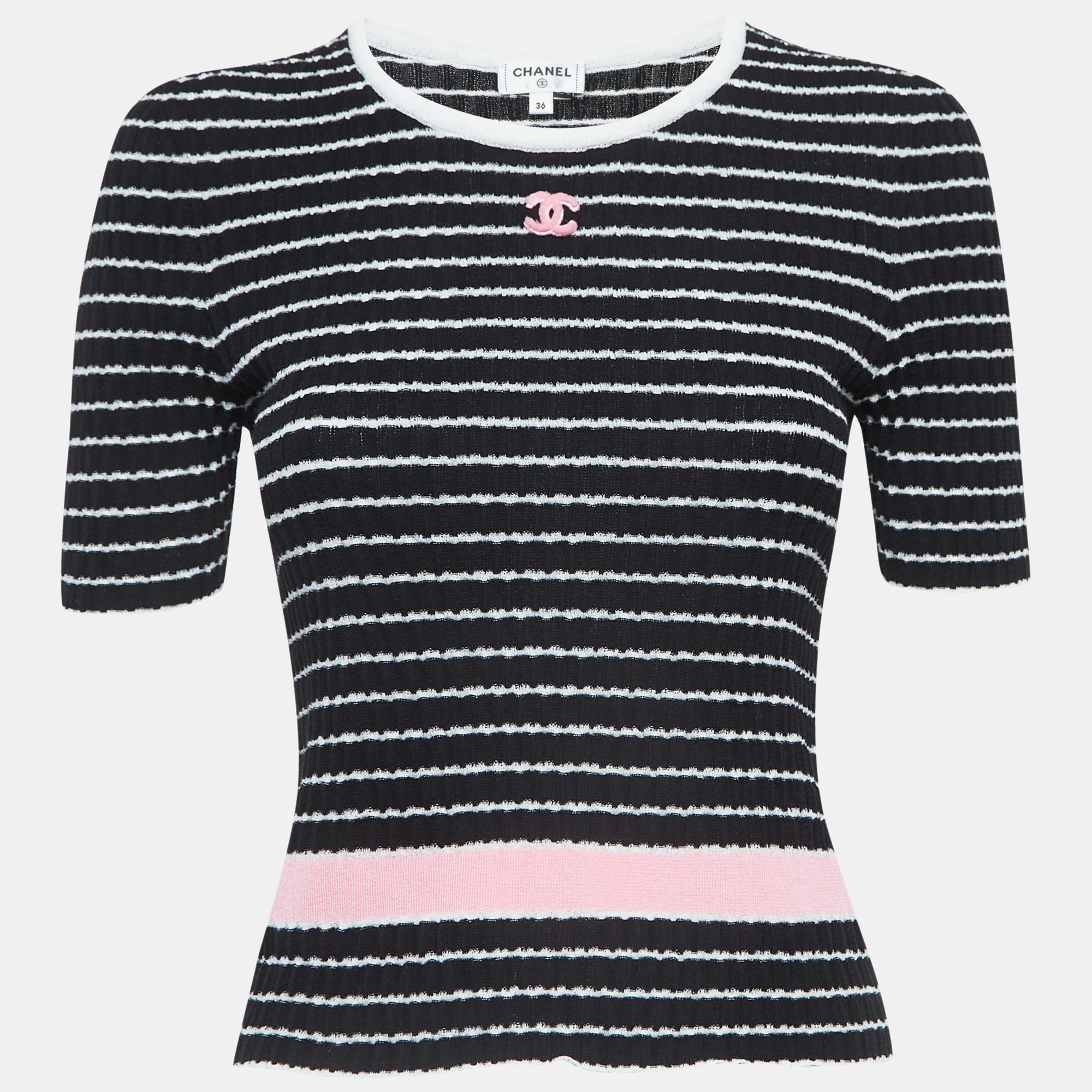 Chanel black striped knit logo t-shirt s