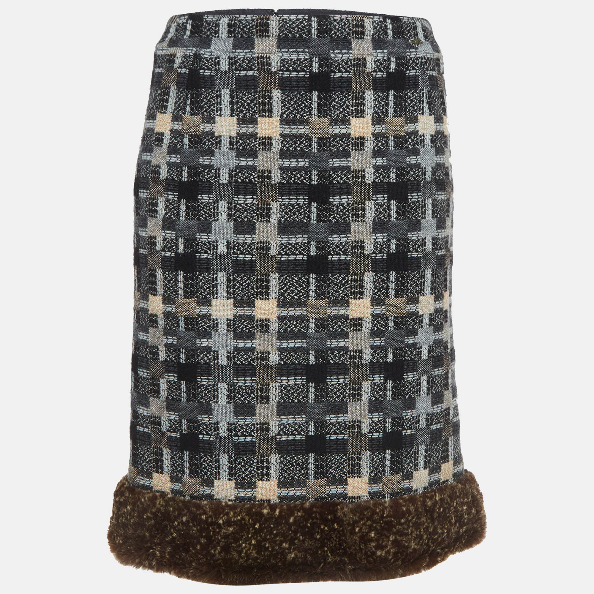 Chanel black/grey patterned wool fur trimmed skirt s