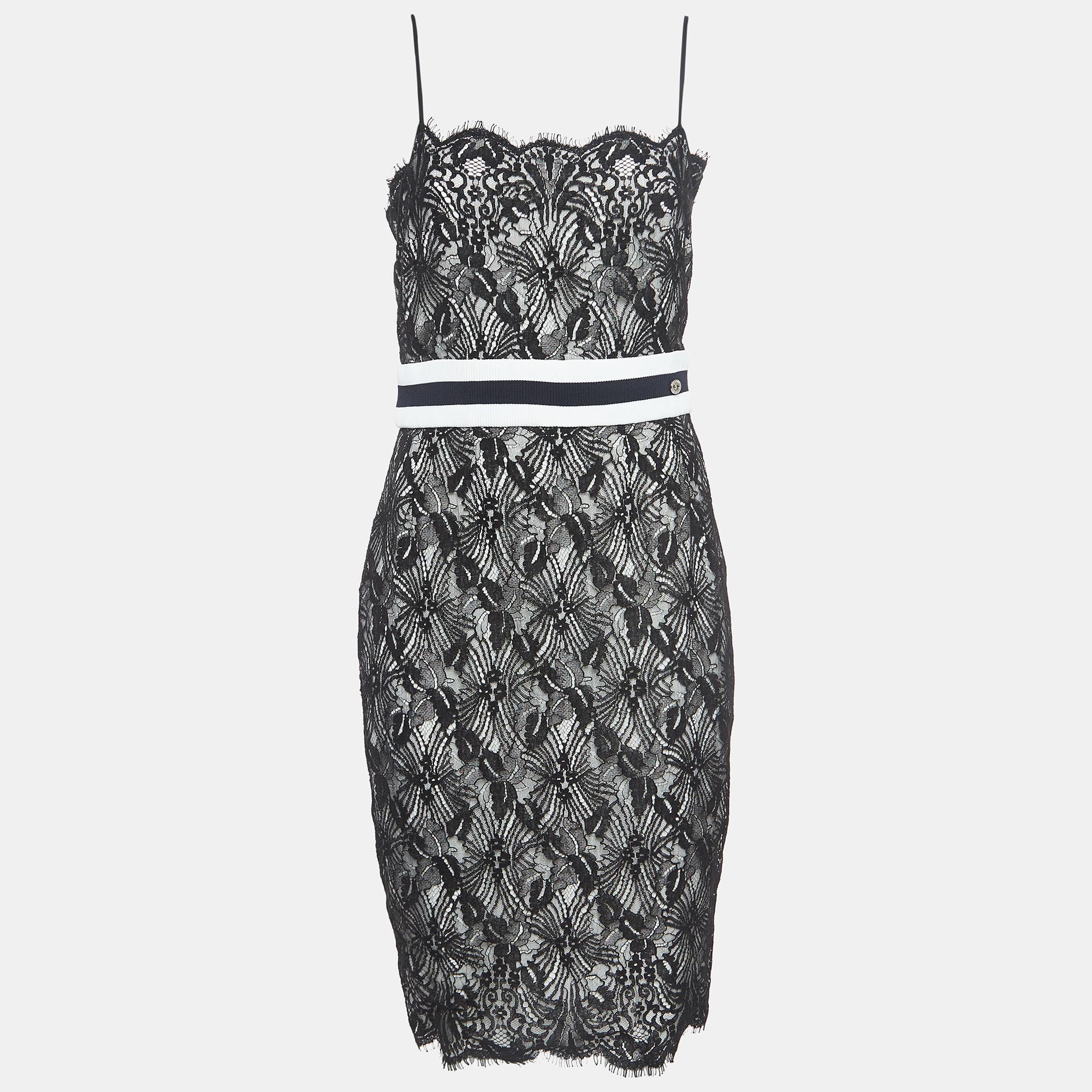 Chanel black floral lace mini sleeveless dress m