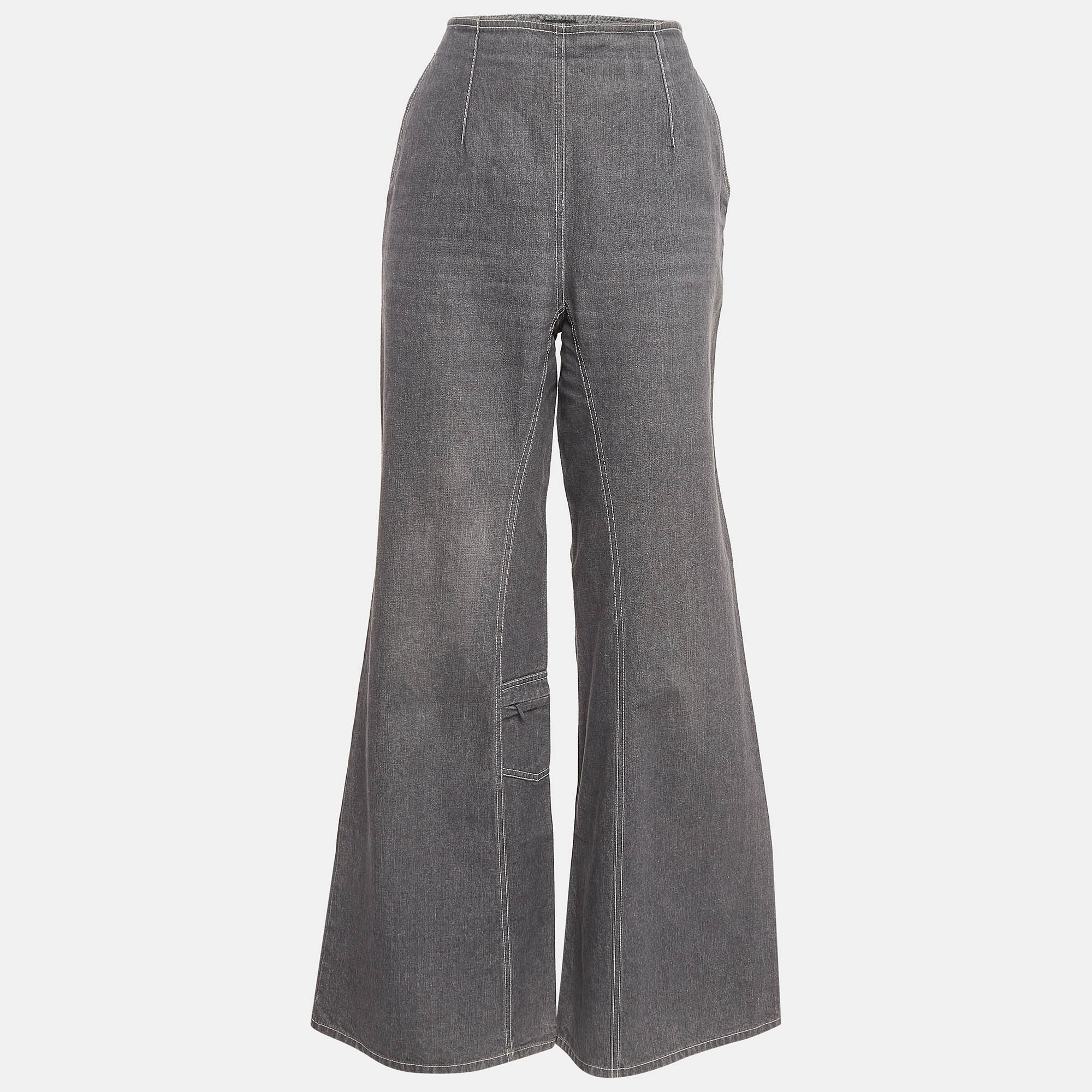Chanel grey cc embellished denim flared jeans l waist 32"
