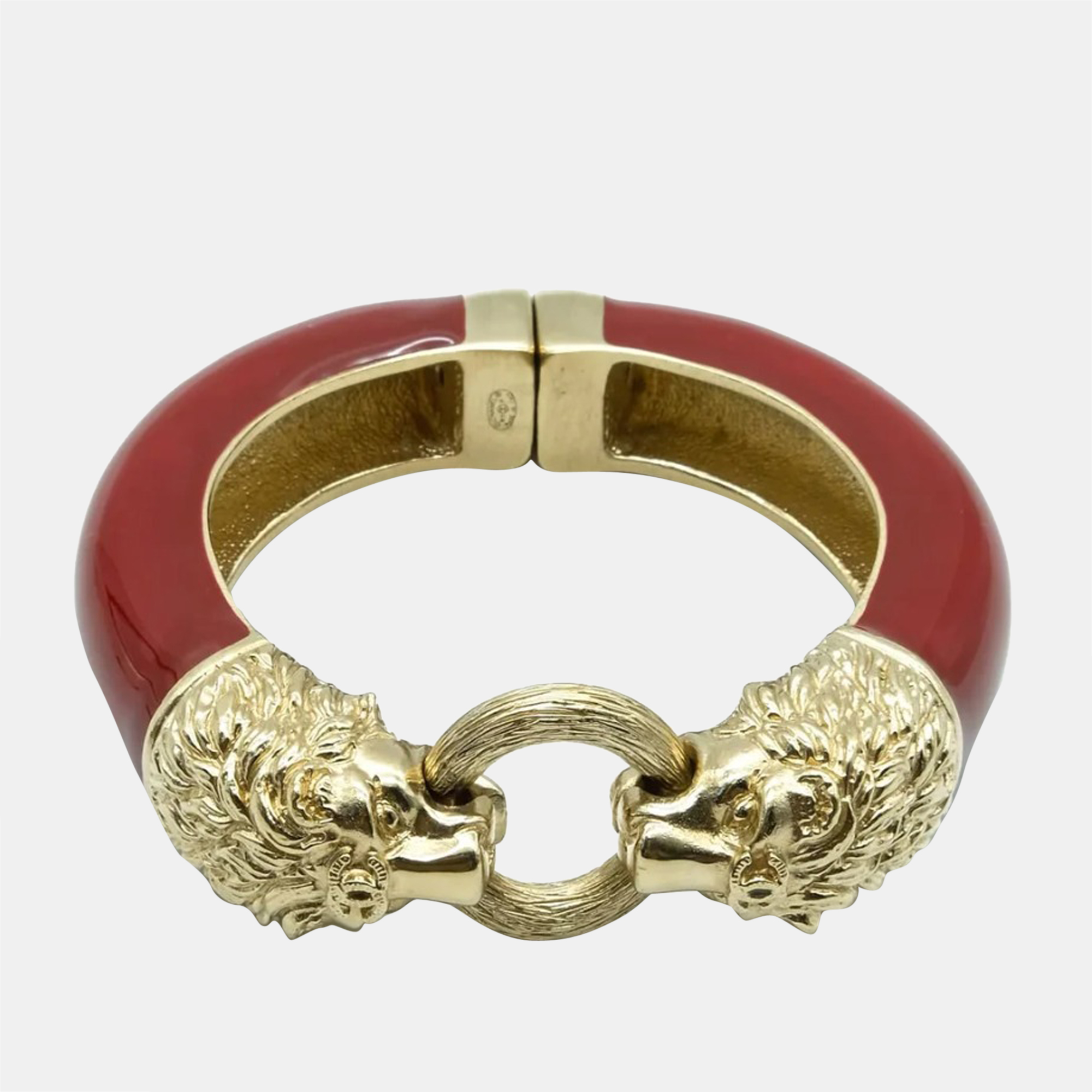 Chanel burgundy leo lion enamel gold metal cuff bracelet 16