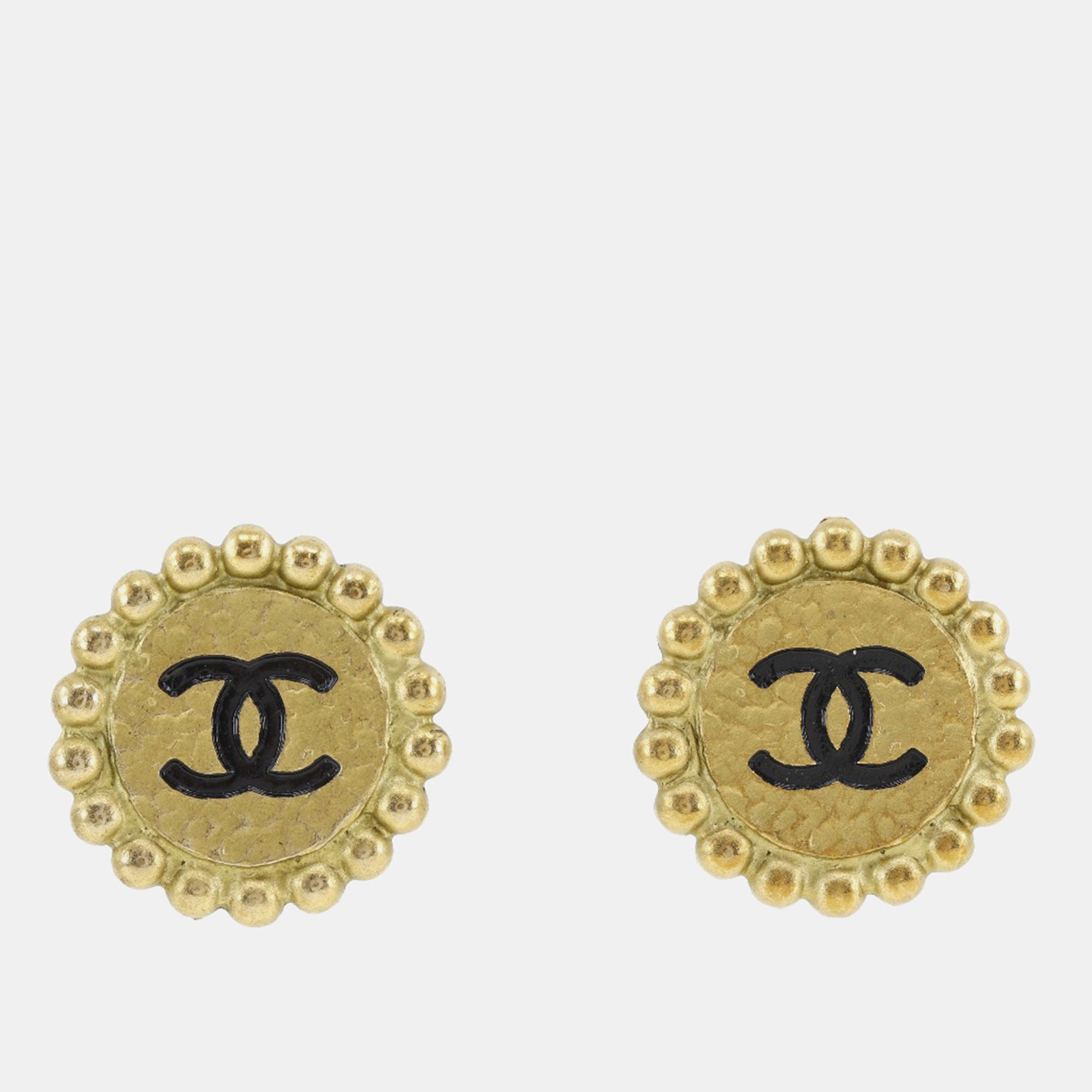 Chanel gold metal cc clip on earrings