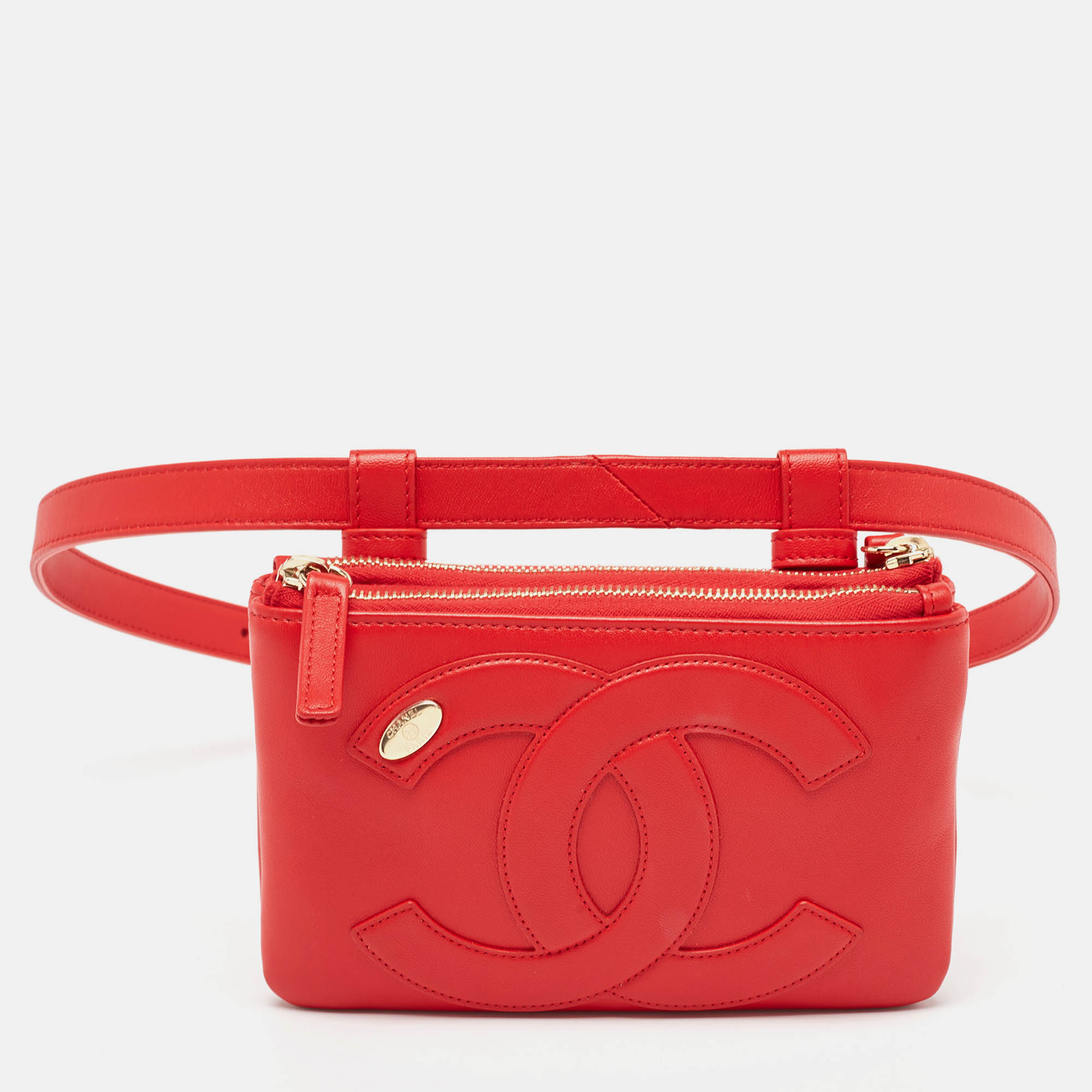 Chanel red leather cc mania waist bag