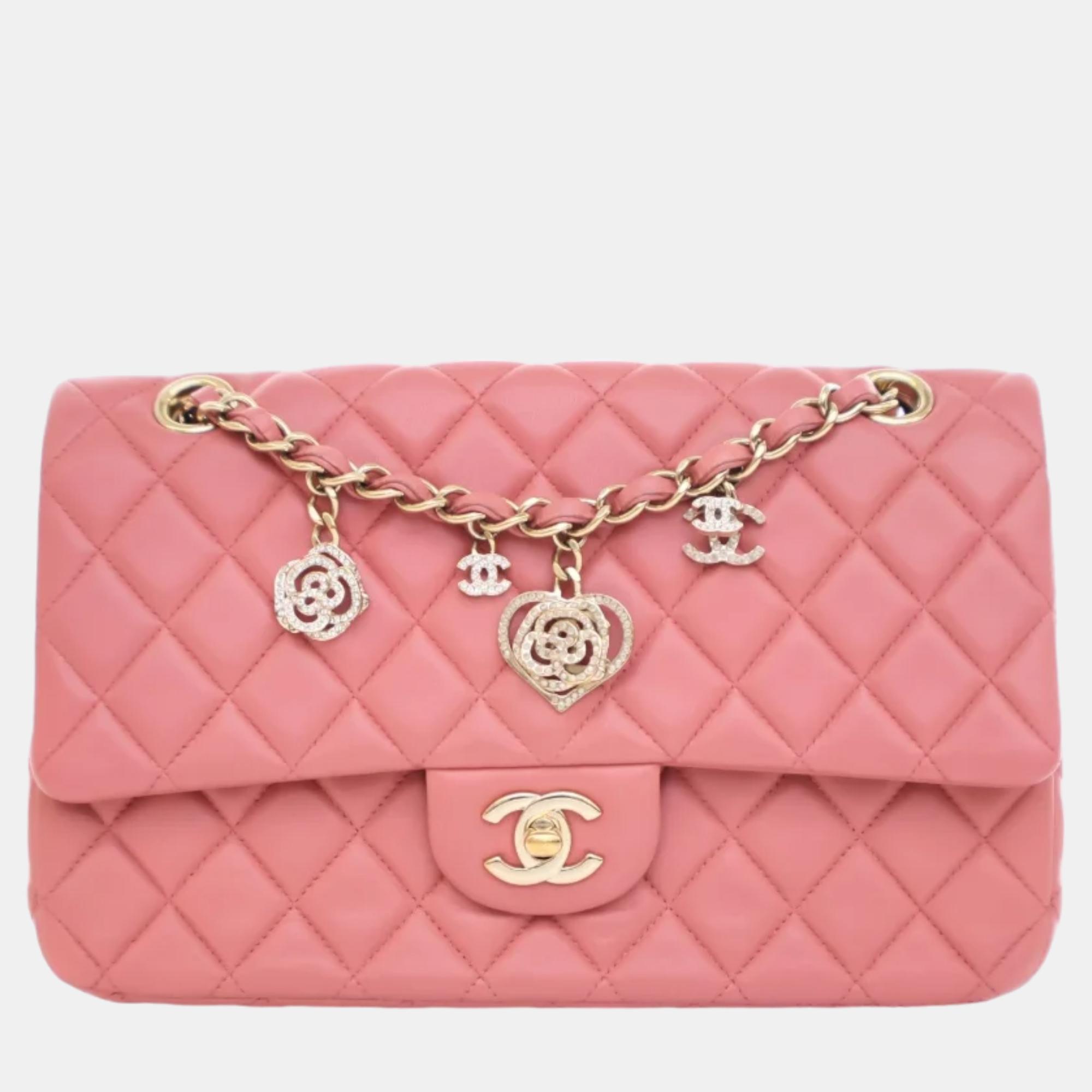 Chanel peach lambskin leather medium classic single flap valentine charm shoulder bag