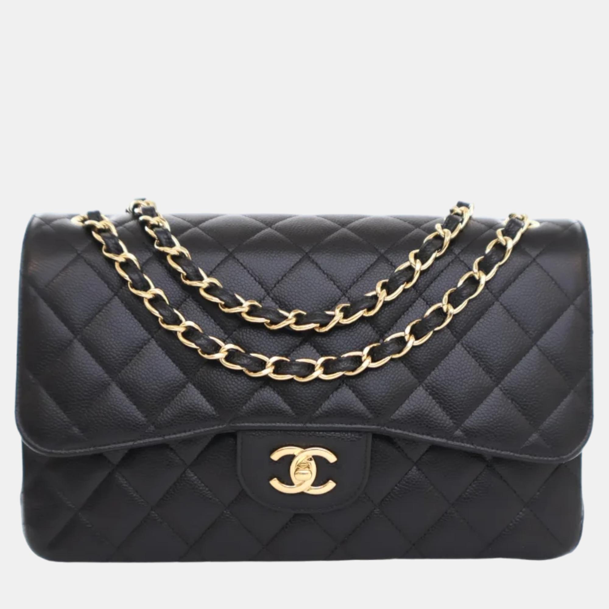 Chanel black leather jumbo classic double flap shoulder bag