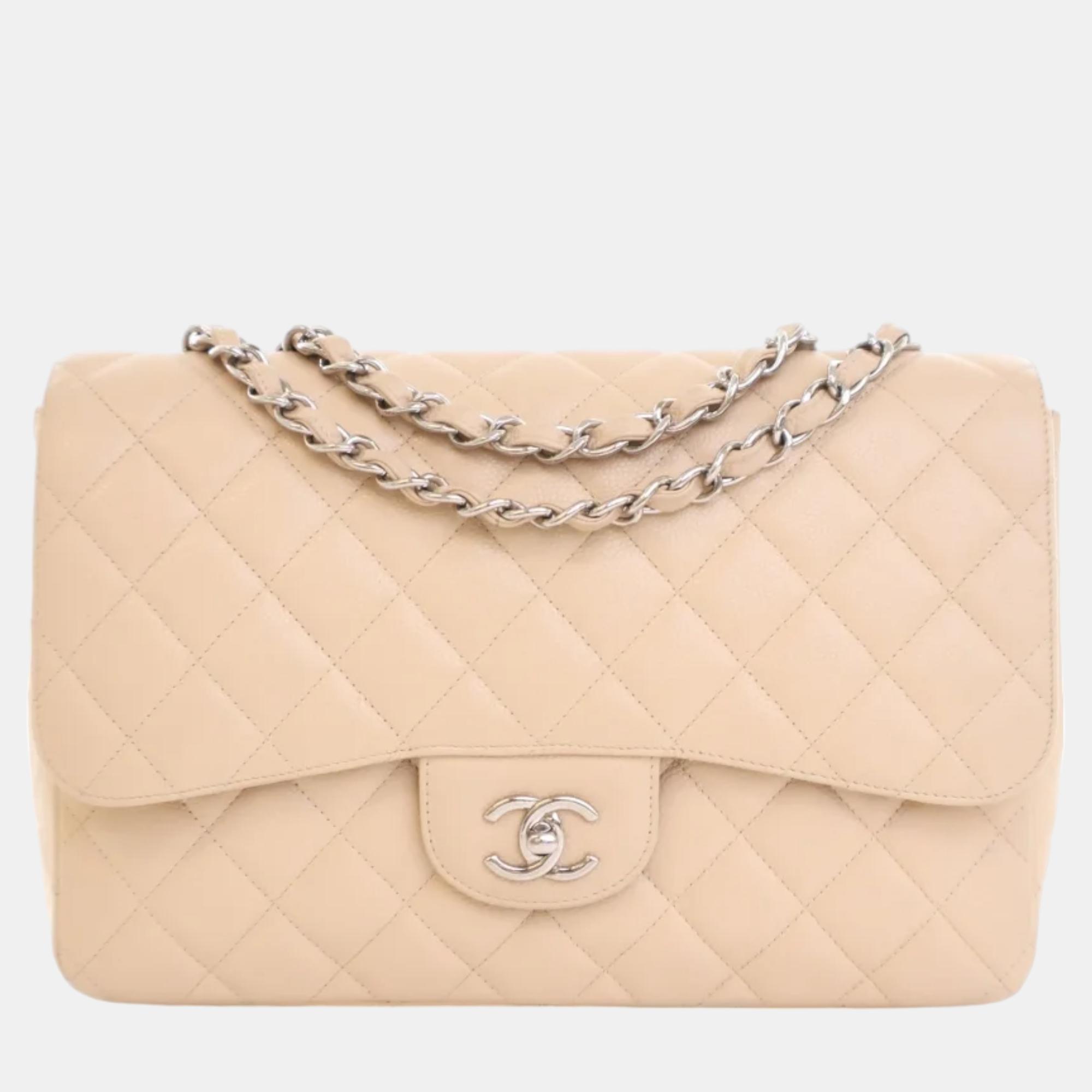 Chanel beige leather jumbo classic single flap shoulder bag