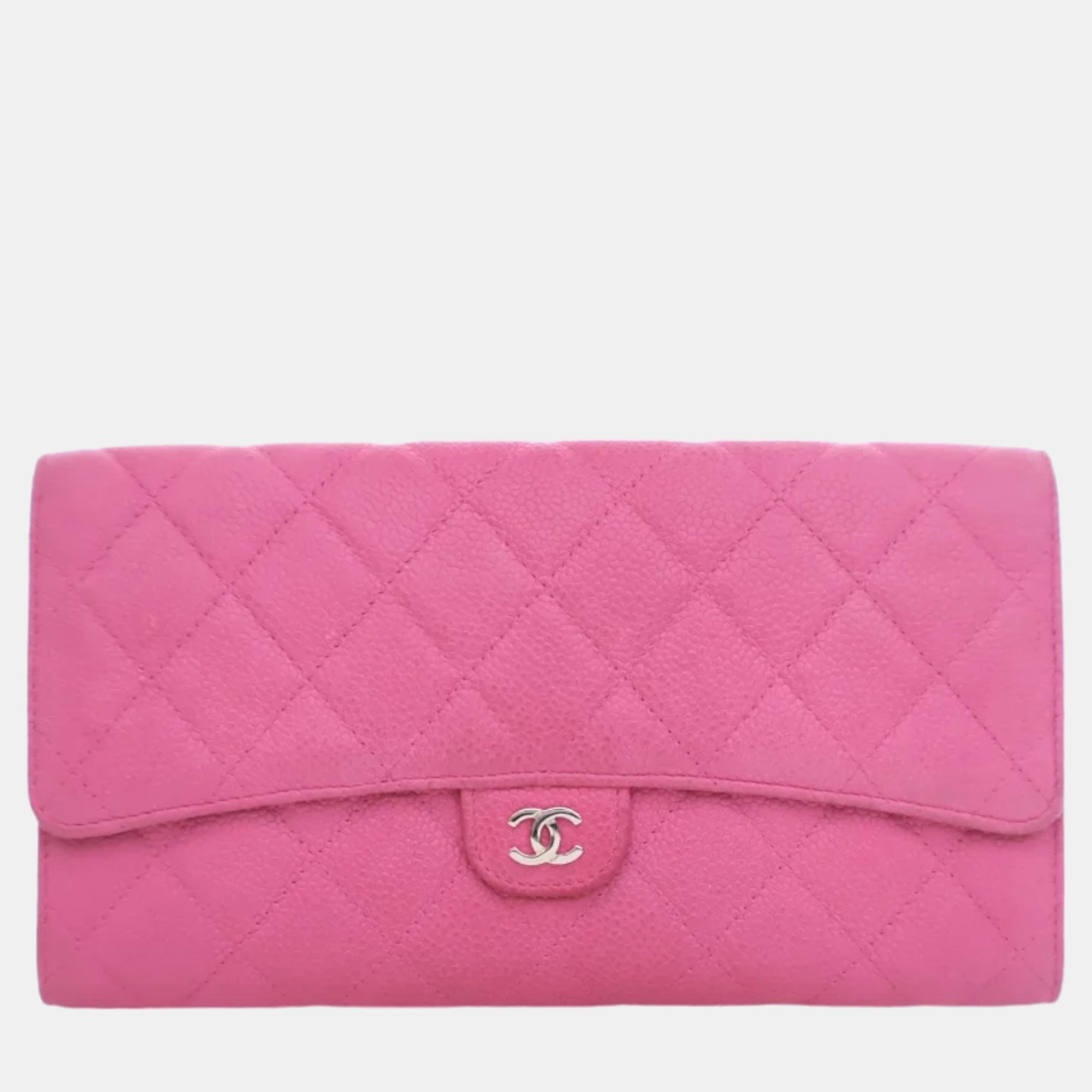 Chanel pink caviar leather interlocking cc logo continental wallet