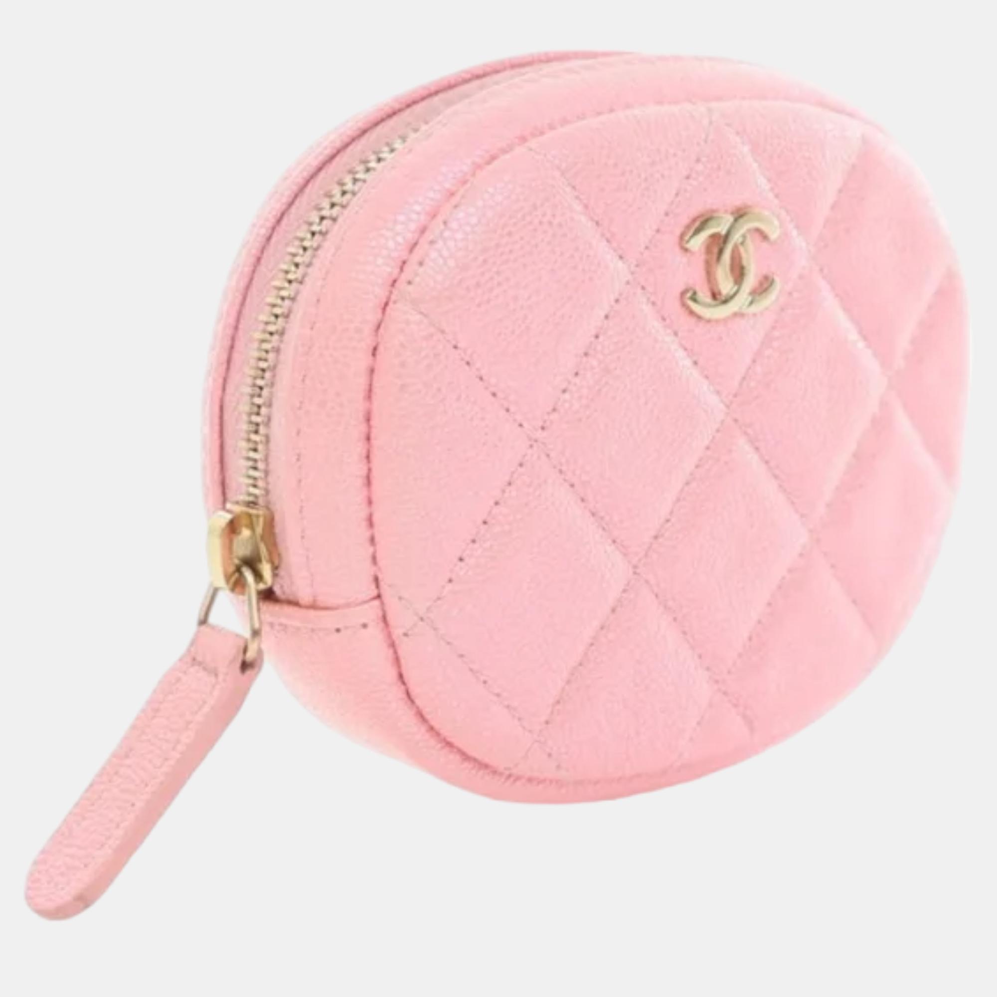 Chanel Rose Pink Iridescent Caviar Quilted Zip Around Classic Coin Purse