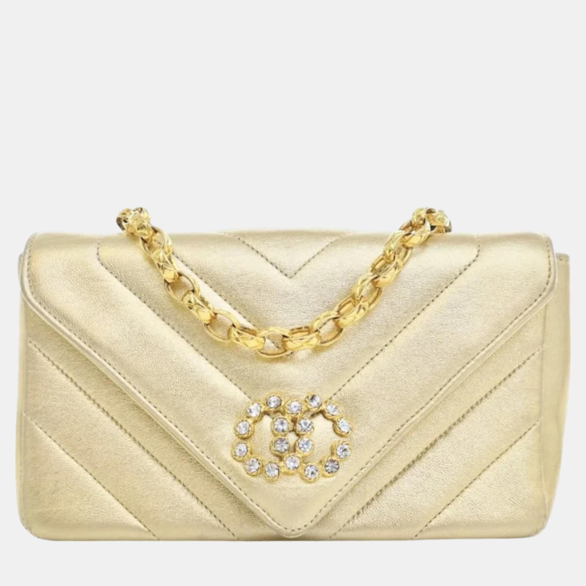Chanel metallic gold lambskin leather small  faux pearl v stitch shoulder bag