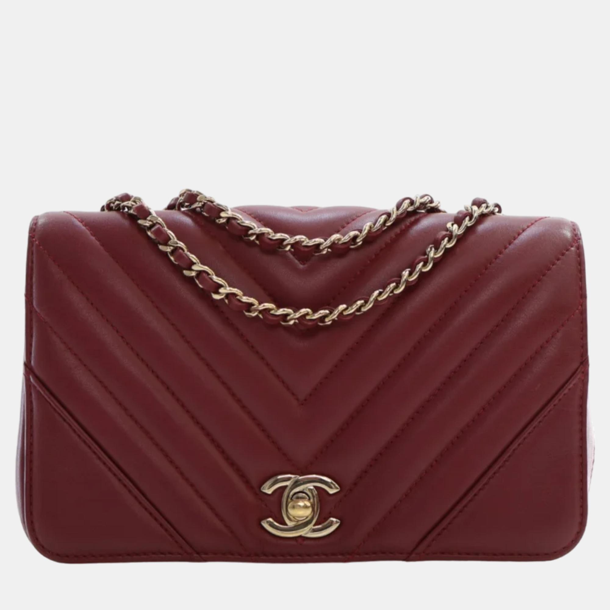 Chanel burgundy chevron leather medium statement flap bag