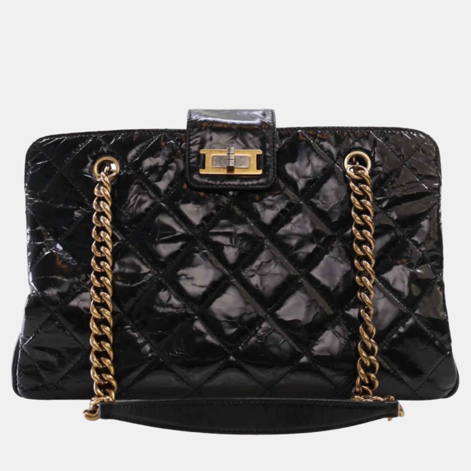 Chanel black crackled glazed quilted leather reissue chain tote