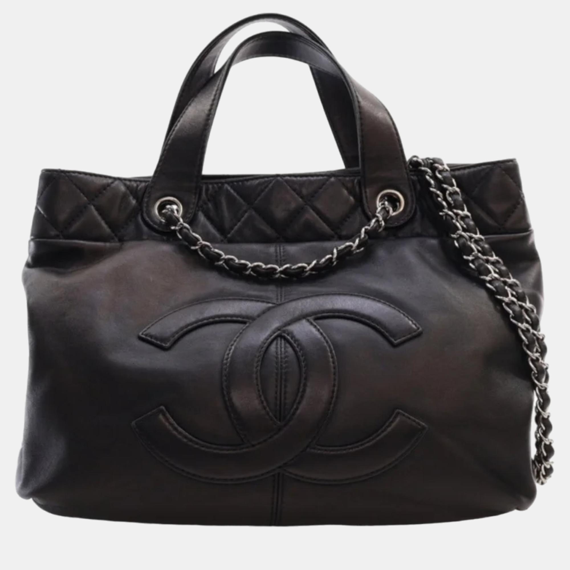 Chanel black leather large trianon shopping tote bag