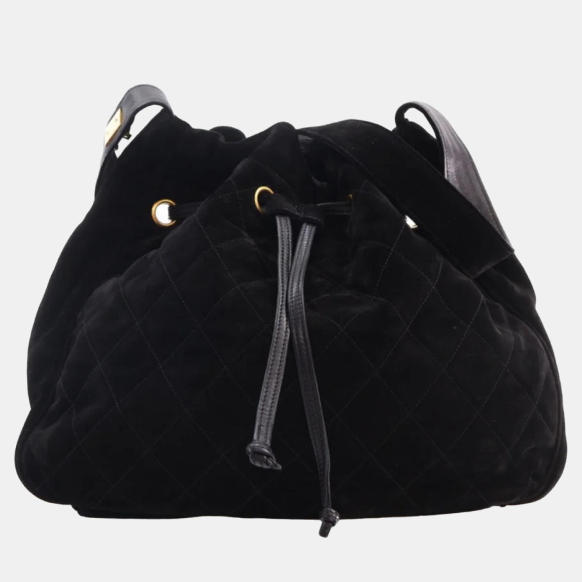 Chanel black suede cc vintage bucket bag