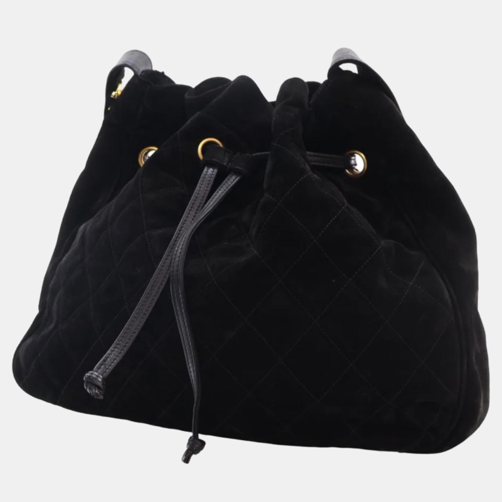 Chanel Black Suede CC Vintage Bucket Bag