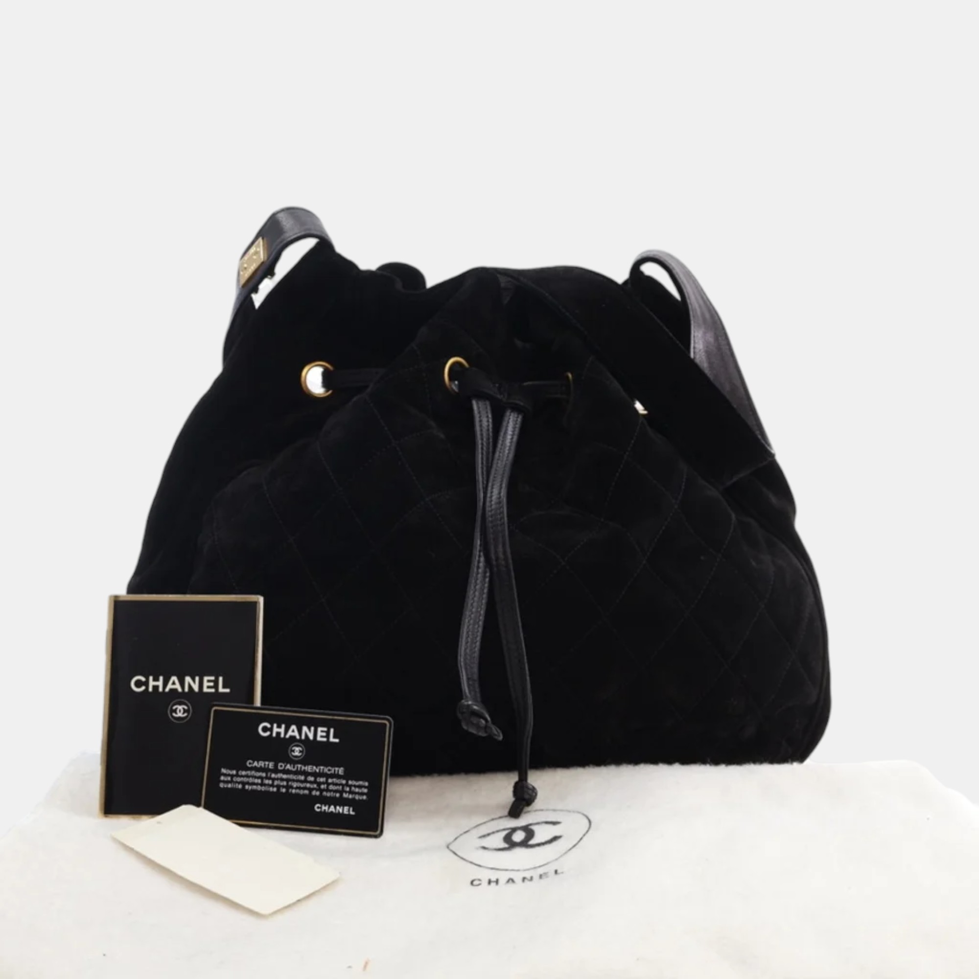 Chanel Black Suede CC Vintage Bucket Bag