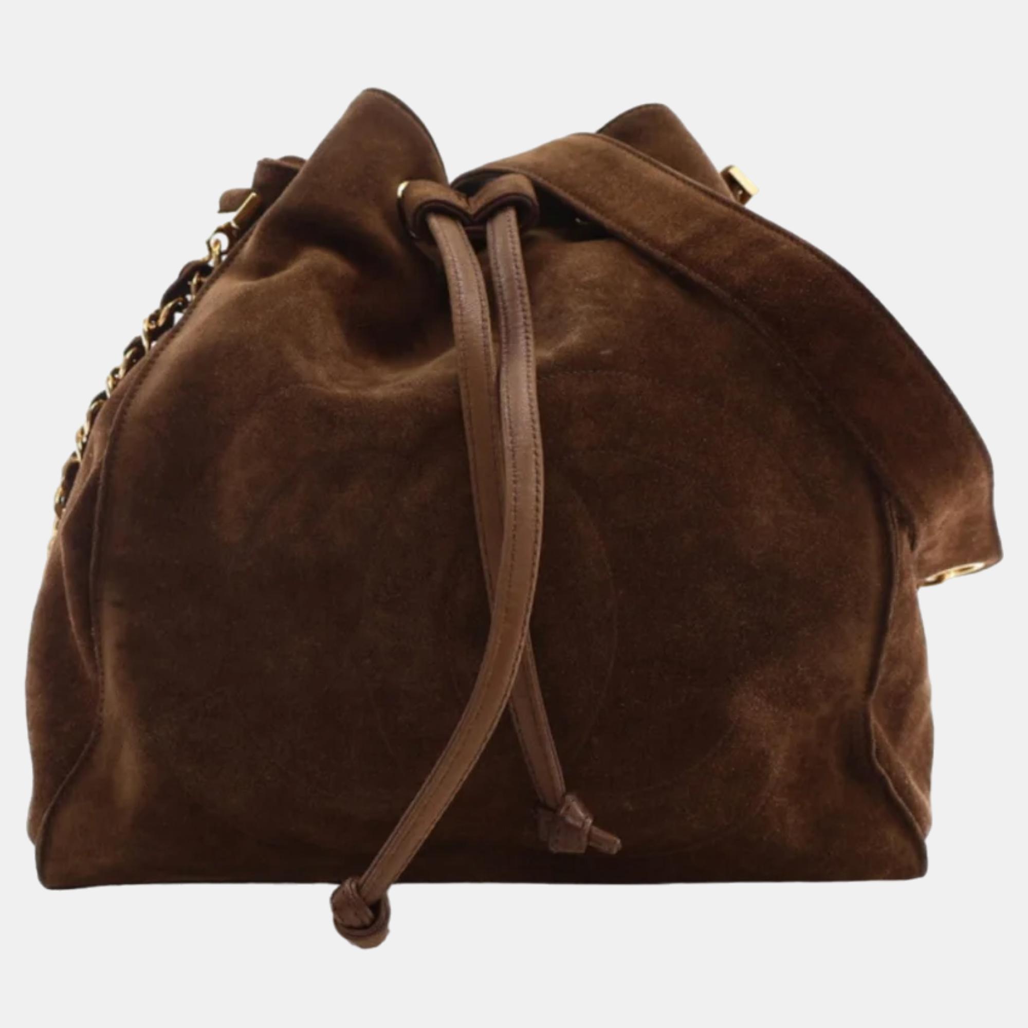Chanel brown suede cc vintage bucket bag