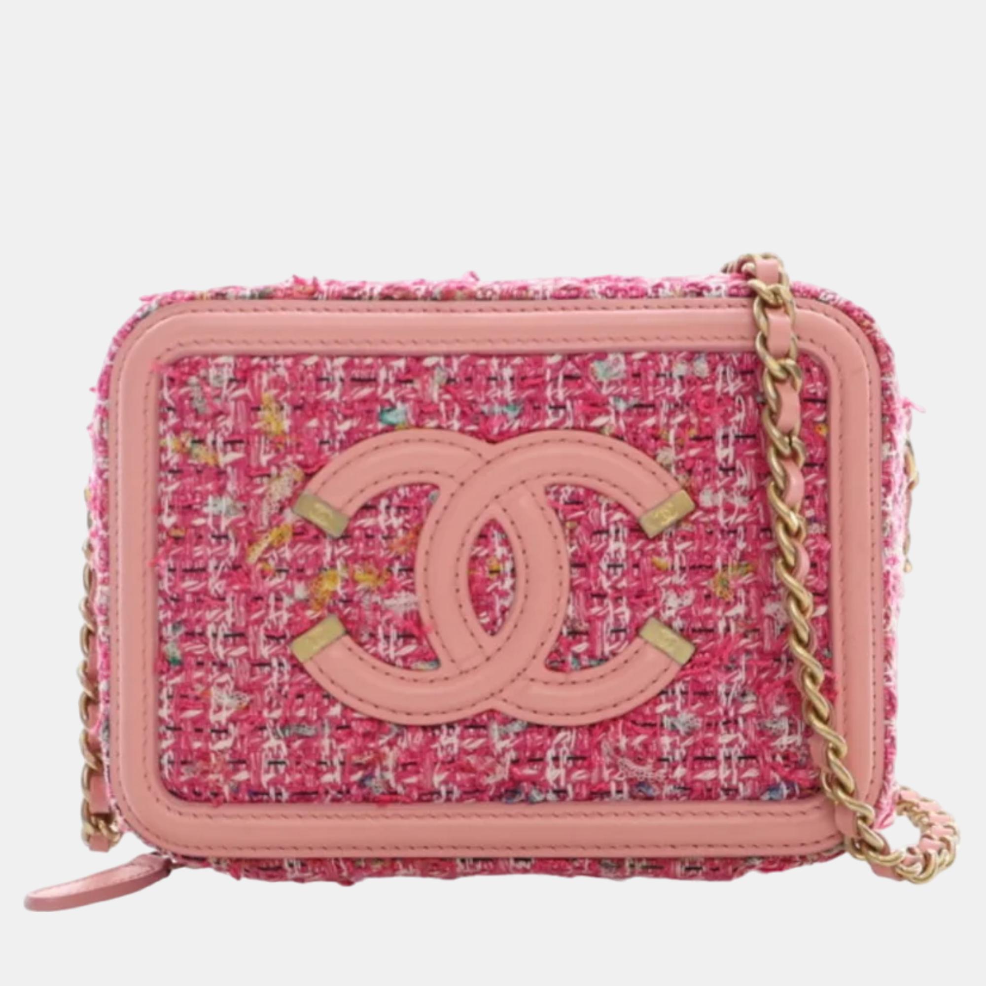 Chanel pink tweed and leather filigree shoulder bags