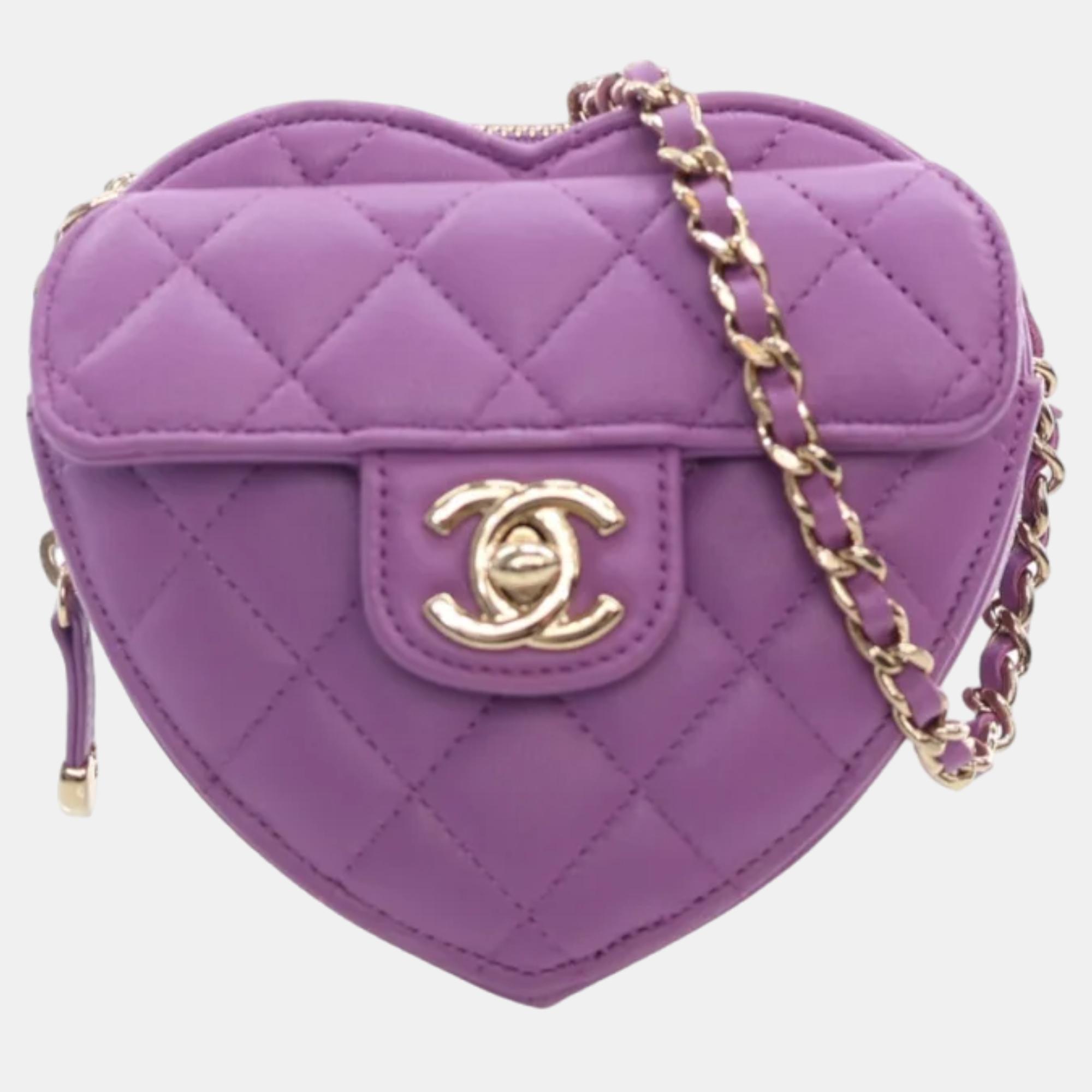Chanel purple leather mini cc in love heart shoulder bags