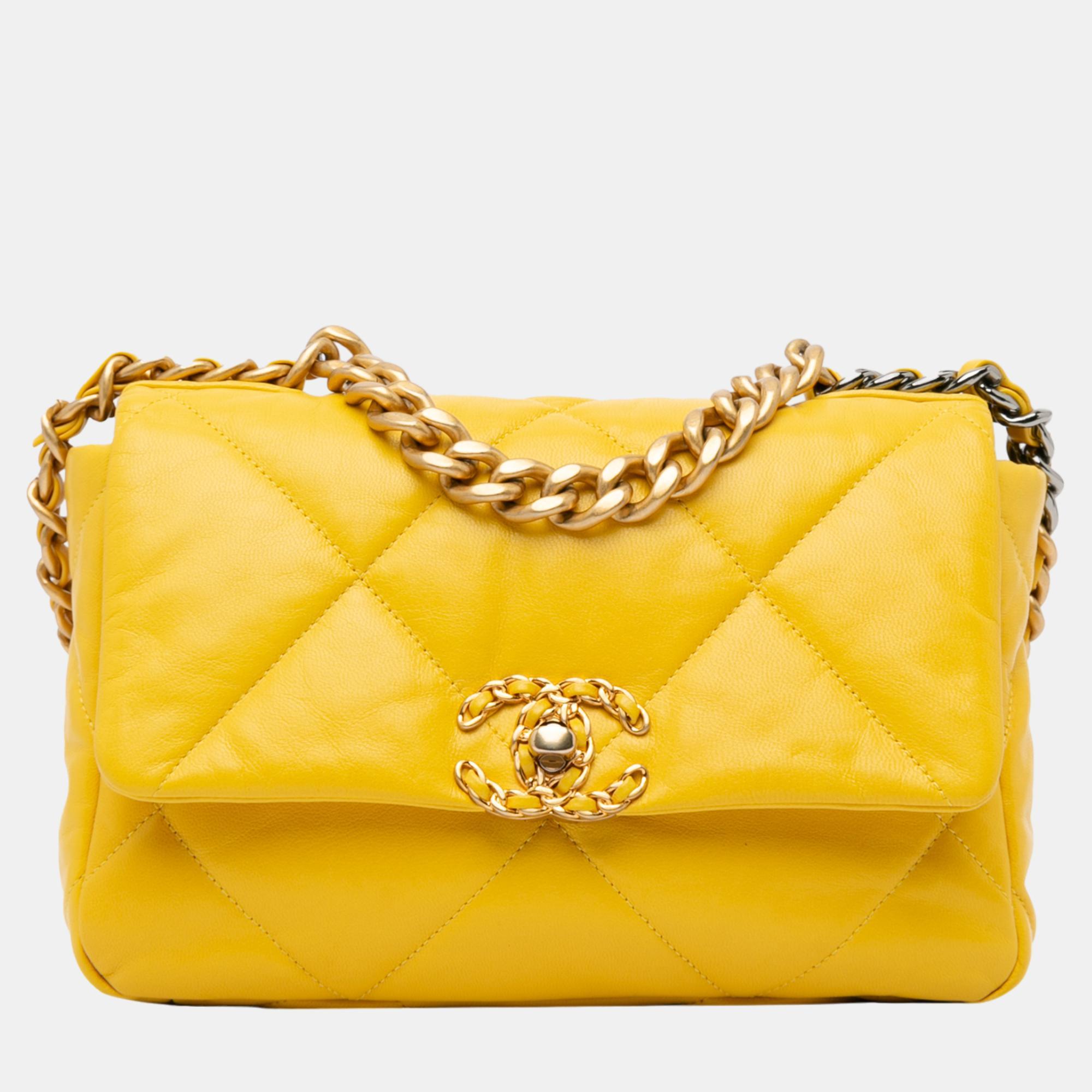 Chanel yellow medium lambskin 19 flap bag