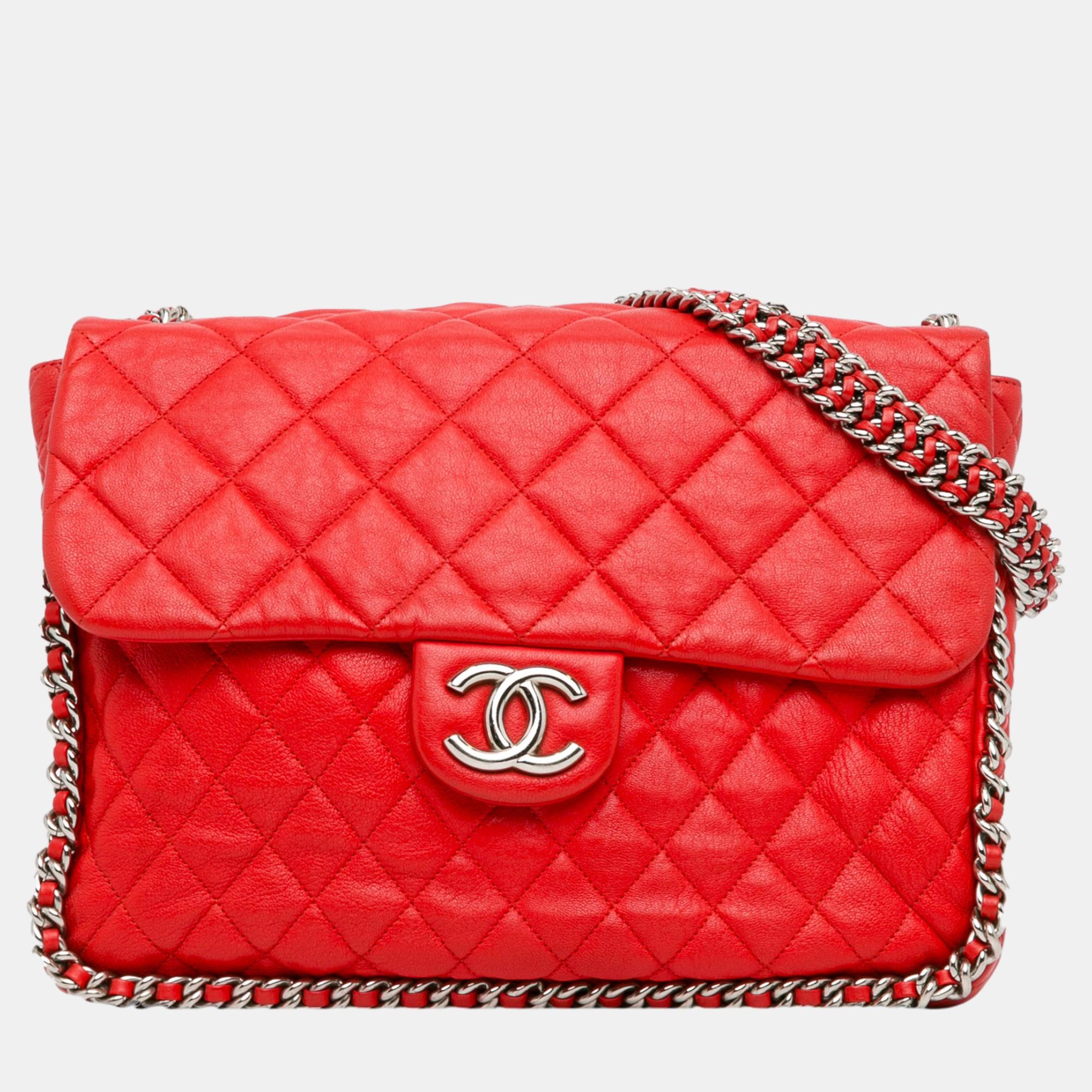 Chanel red maxi washed lambskin chain around flap