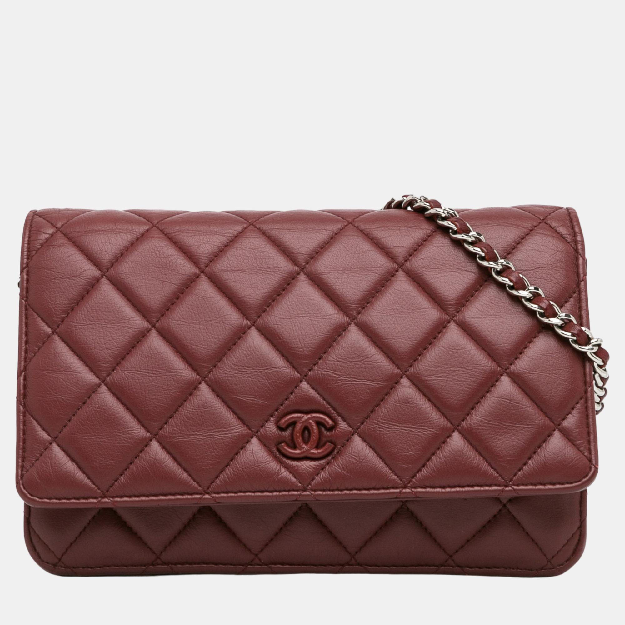 Chanel red classic lambskin wallet on chain
