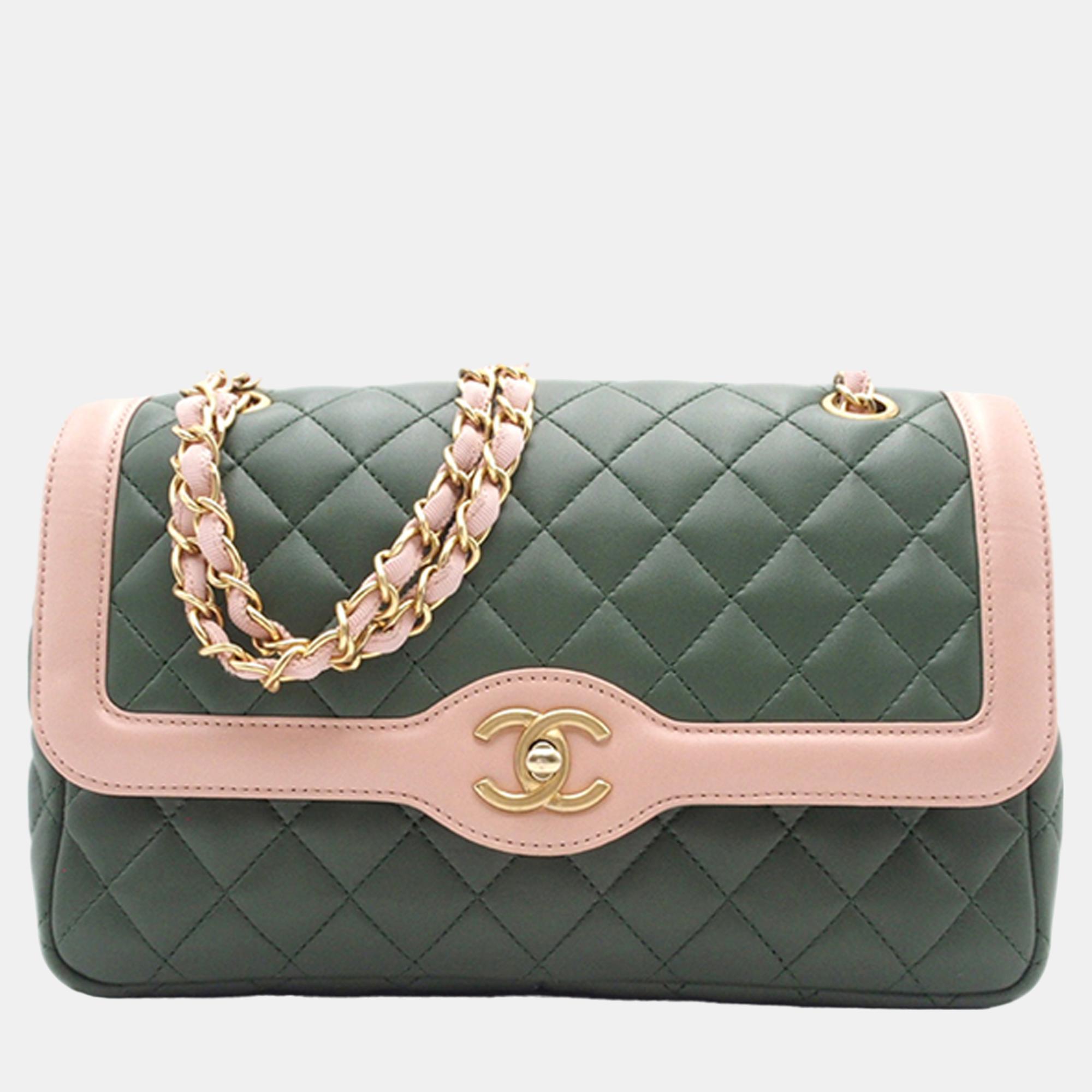 Chanel green cc quilted lambskin two-tone flap