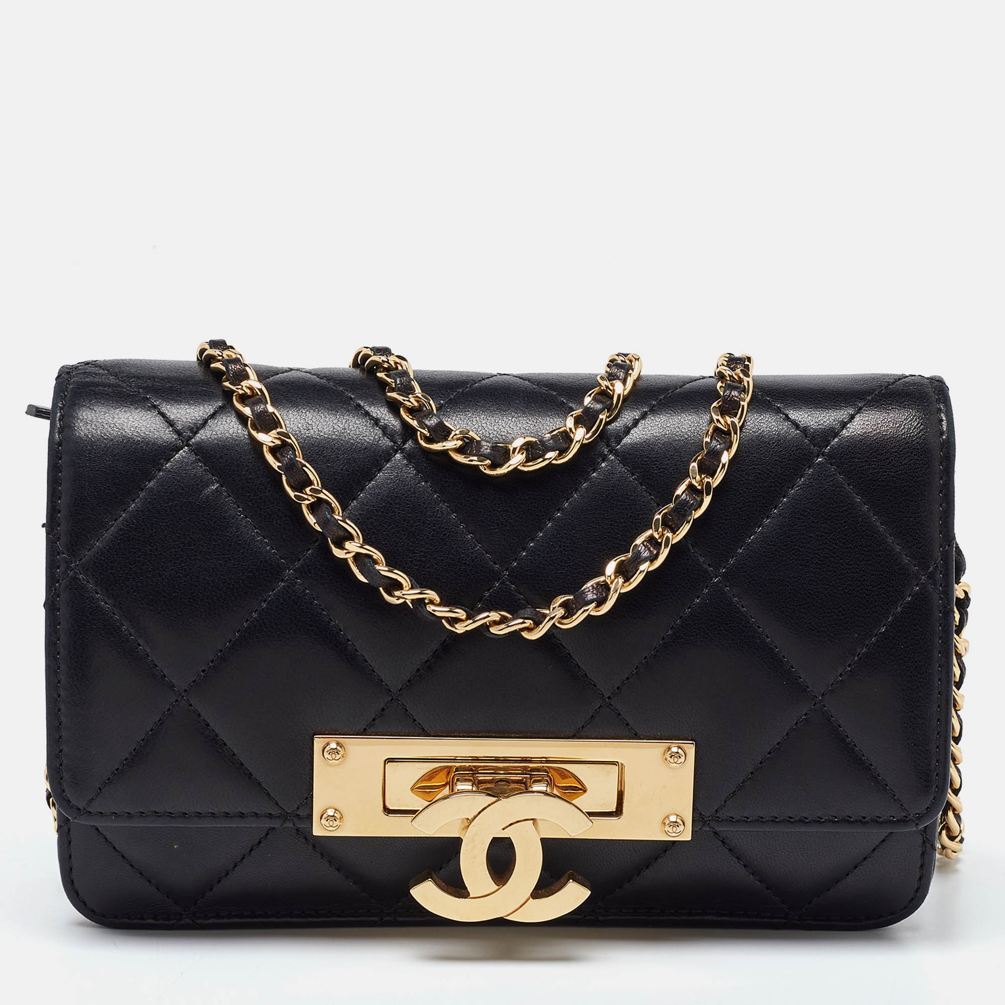 Chanel black quilted leather golden class wallet on chain