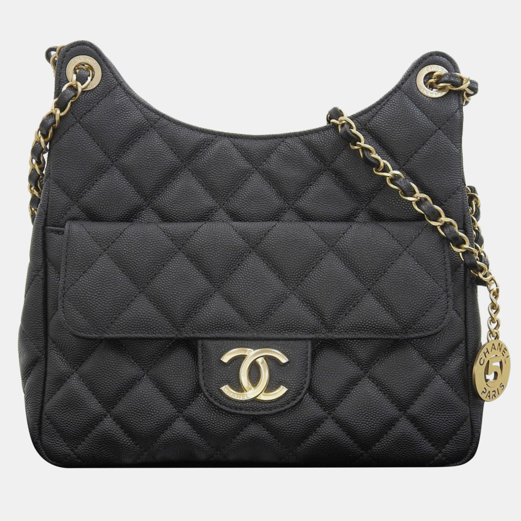 Chanel black caviar quilted wavy cc hobo bag