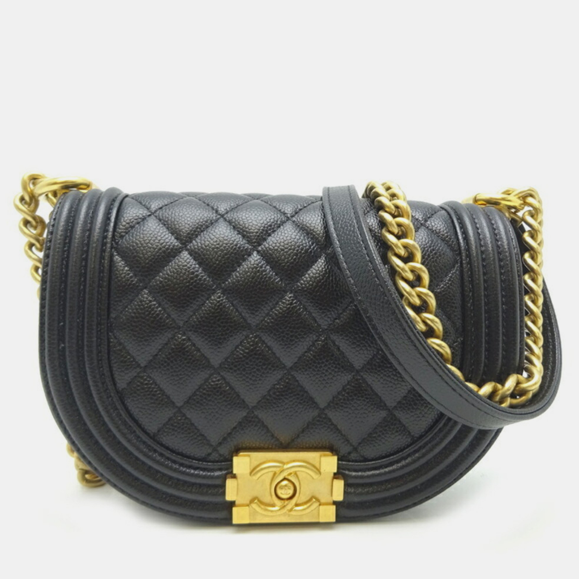 Chanel black quilted caviar small boy curved messenger bag