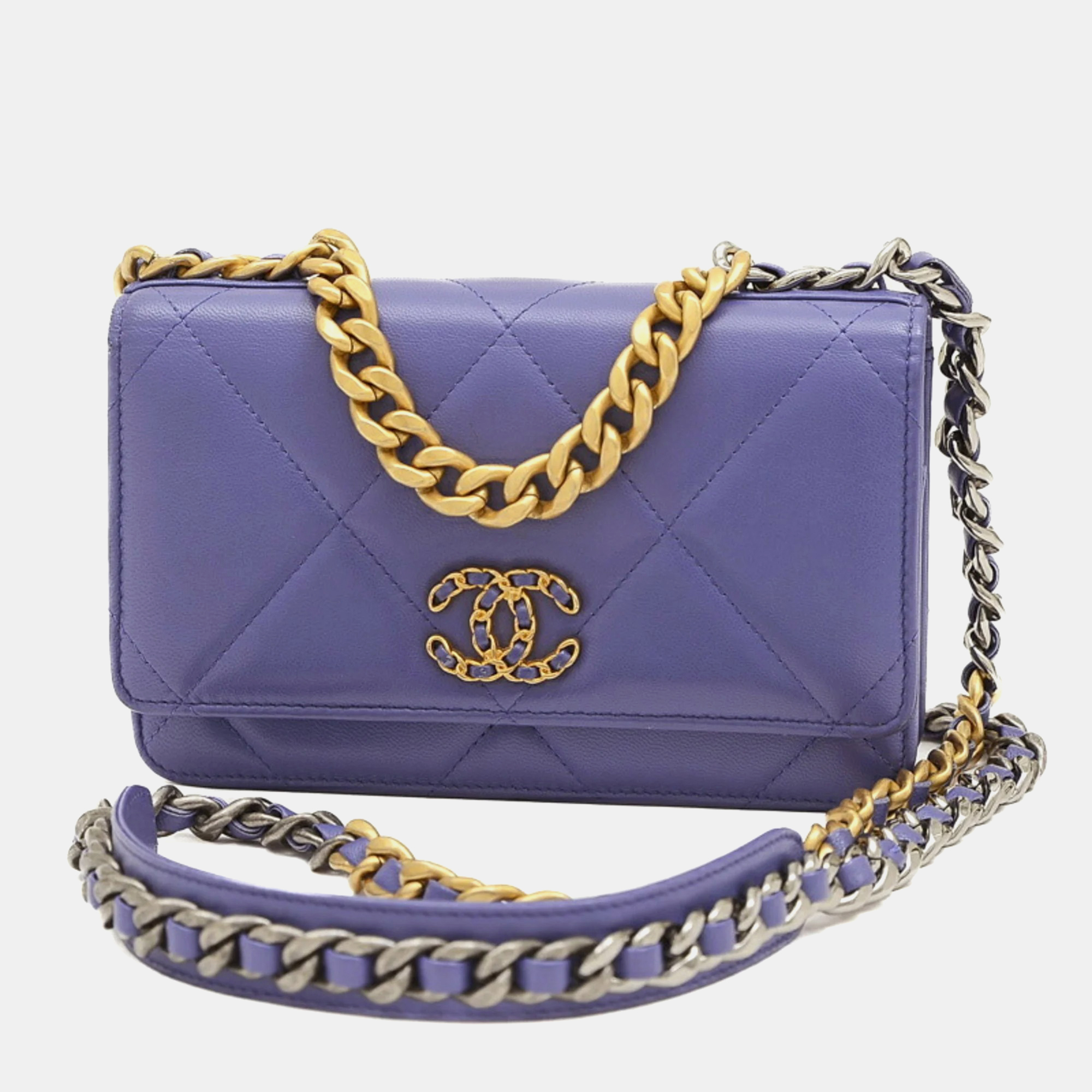 Chanel purple lambskin leather 19 wallet on chain