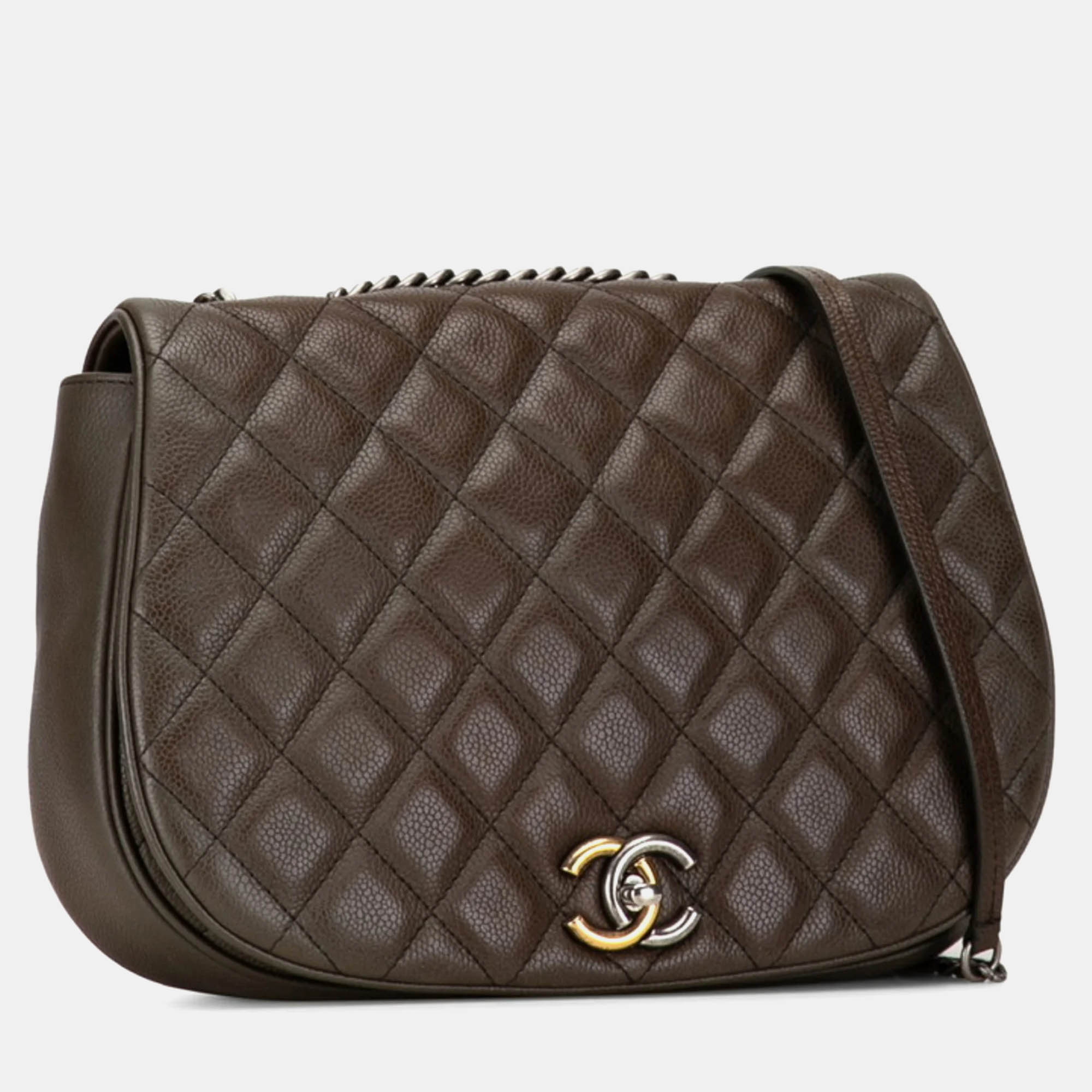 Chanel Khaki Grey Caviar Quilted Casual Pocket Messenger Flap Bag