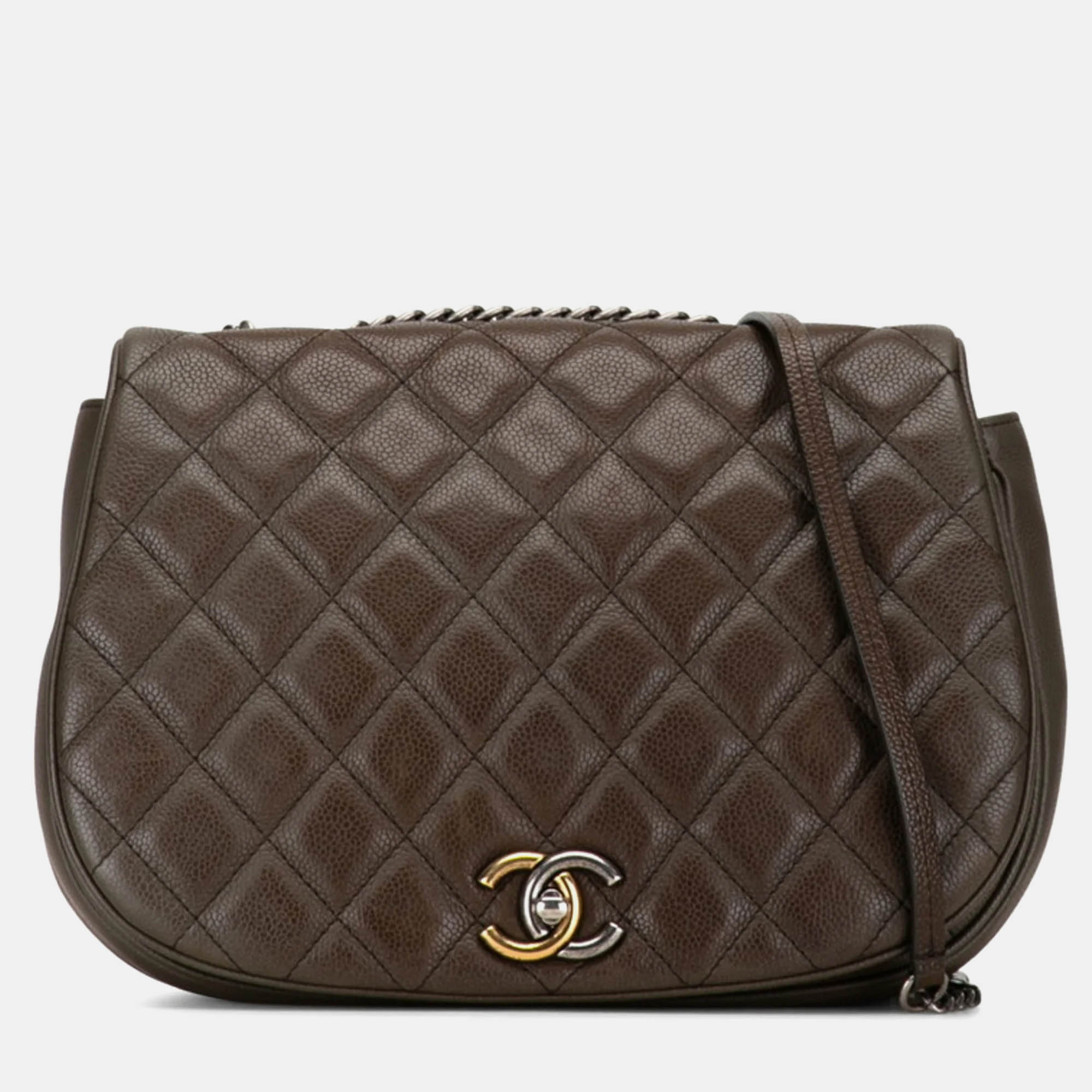 Chanel khaki grey caviar quilted casual pocket messenger flap bag