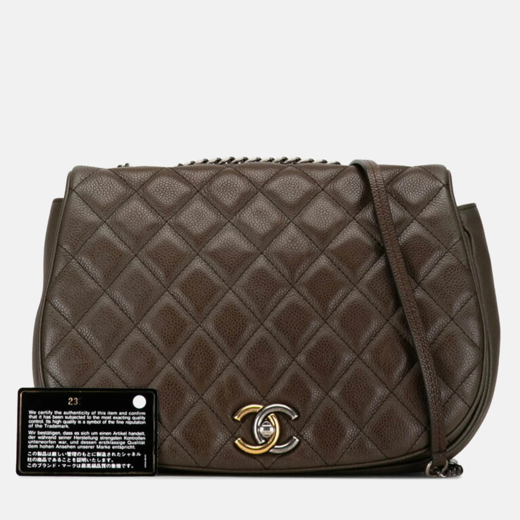 Chanel Khaki Grey Caviar Quilted Casual Pocket Messenger Flap Bag