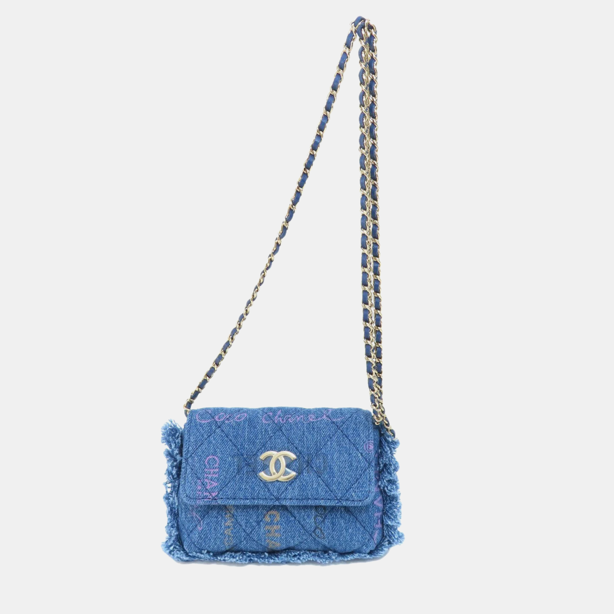 Chanel logo printed quilted fringe denim mood flap clutch with chain