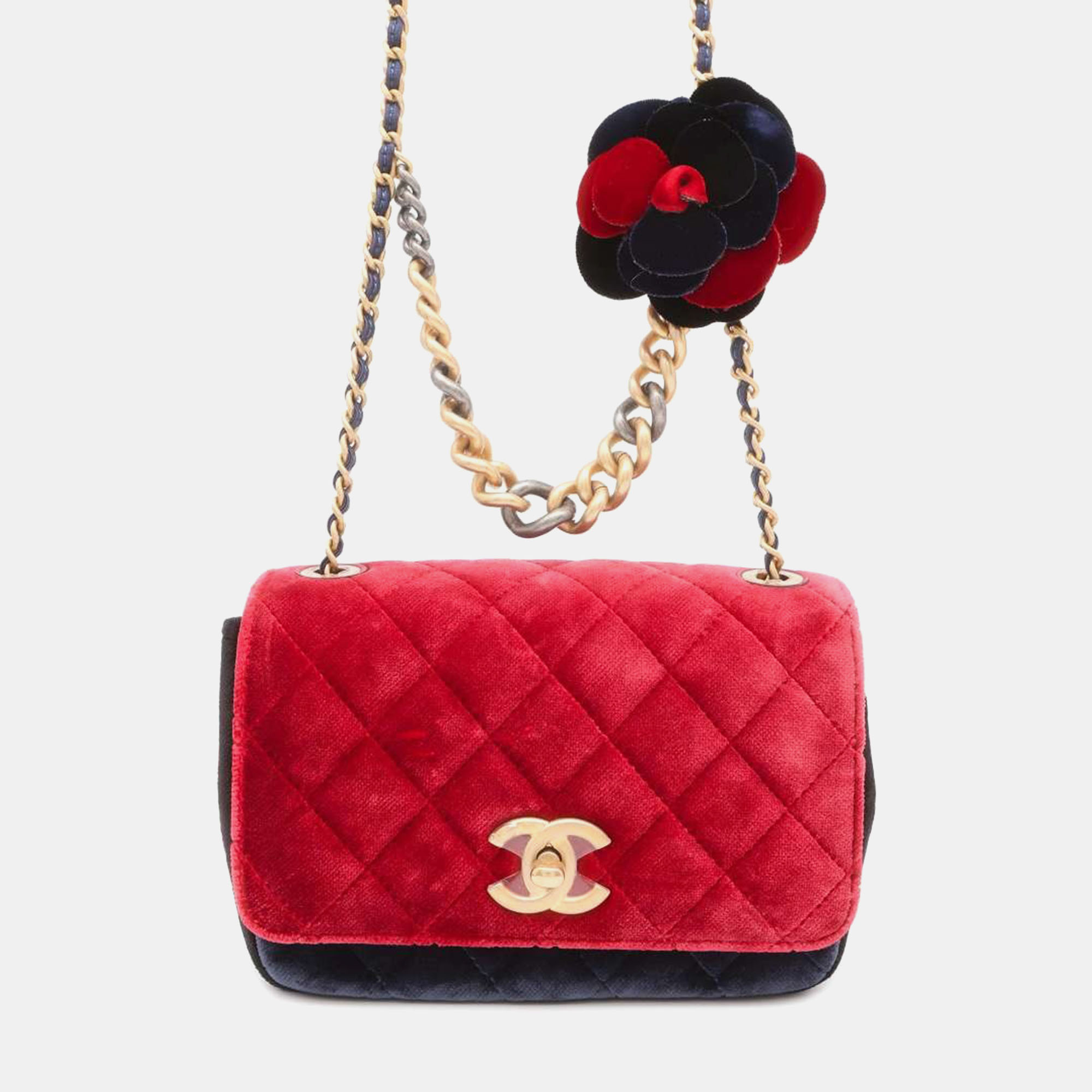 Chanel red/navy blue velour camellia shoulder bag